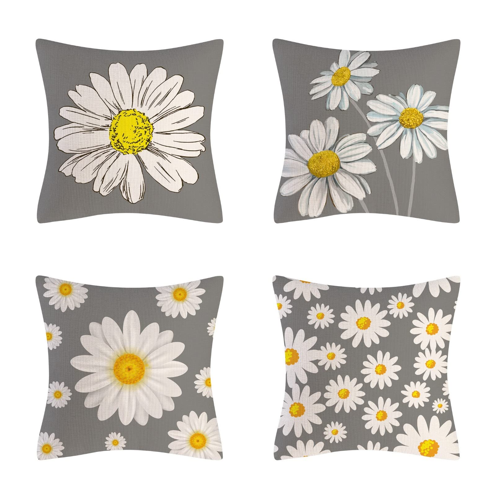 Set di 4 federe per cuscino a forma di margherita, in lino, 40 x 45 cm, per divano letto, casa, auto, giardino, idea regalo (grigio)