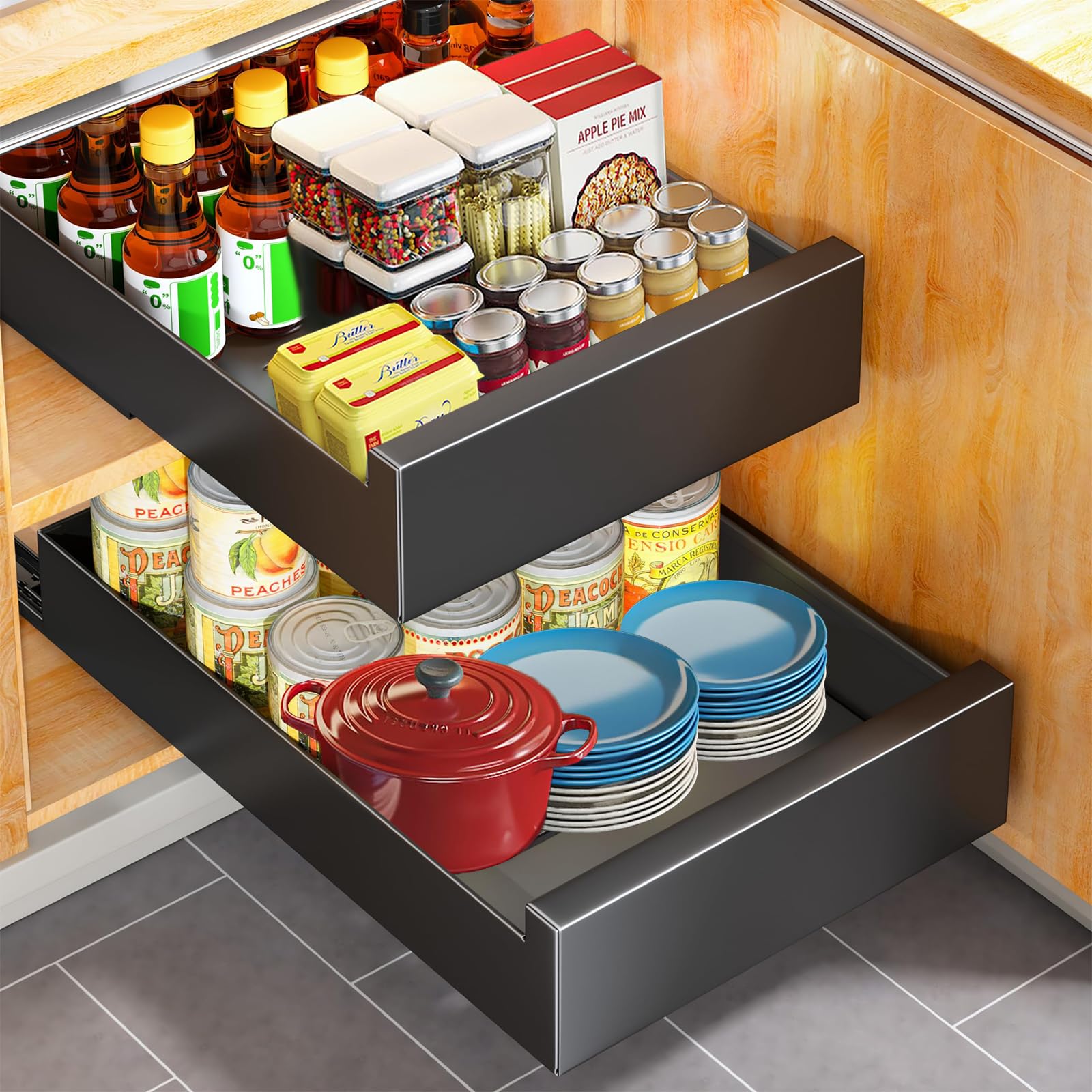 BiendoPull Out Cabinet Organizer, Slide Out Drawer Storage Shelves for Kitchen Cupboard, Roll-Out Extendable Sliding Drawer（Black） (Black-30cm)