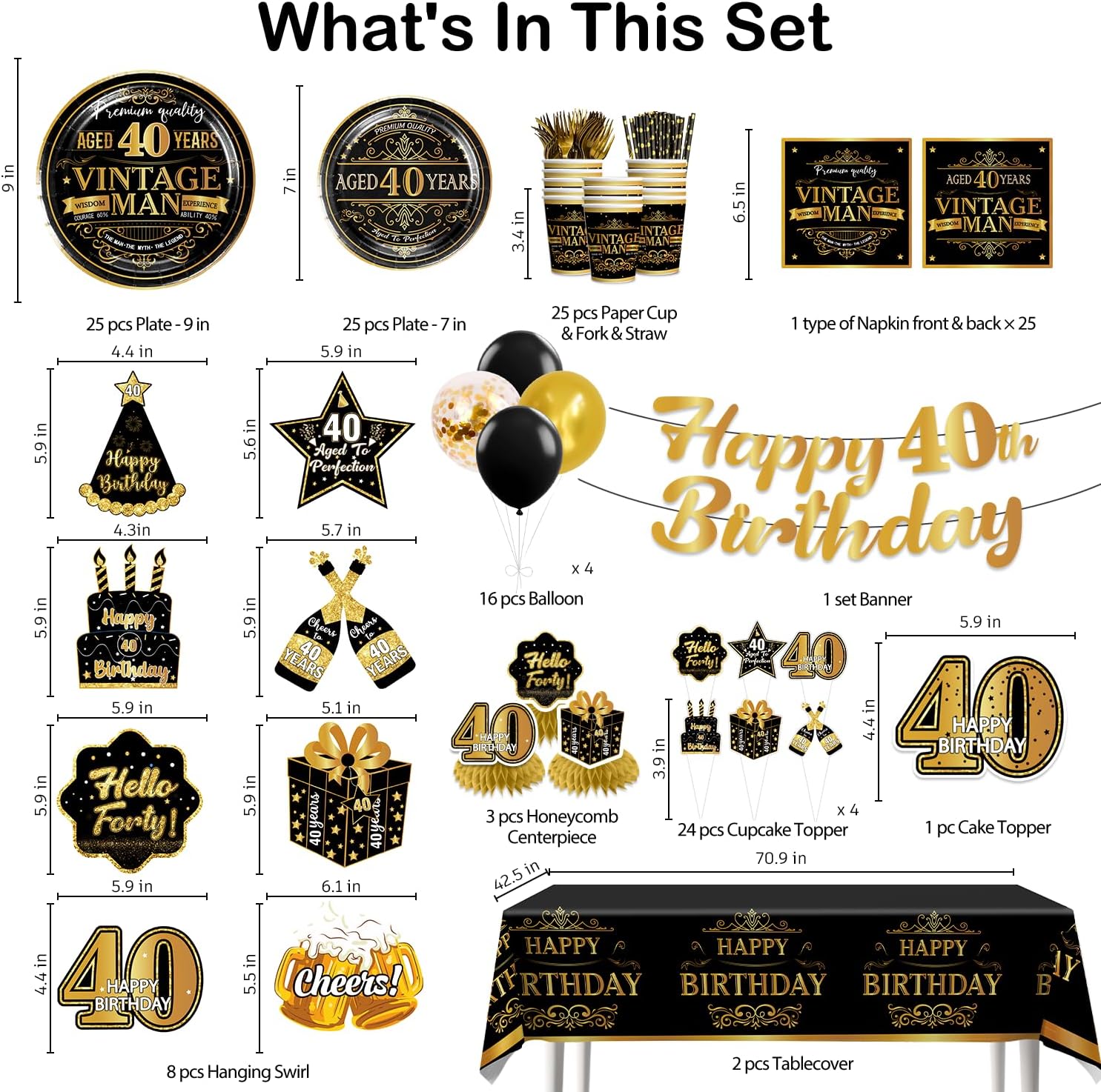 213 Pcs Vintage 40th Birthday Decorations For Men, Pre-strung Happy 40th Birthday Banner, Balloons, Plates and Napkins Set with 2 Pcs Tablecloth, Classy 40th Vintage 1986 Birthday Party Supplies - Image 2
