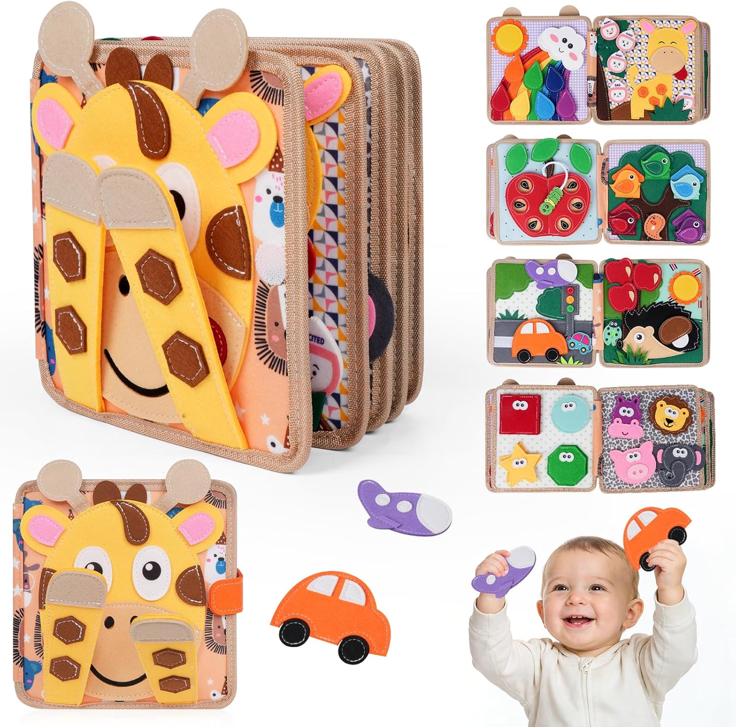 Giraffe Busy Book for Toddlers 1-3, Montessori Toys Toddler Busy Board for 1 Year Old, Felt Quiet Book Sensory Learning Activity Books, Airplane Car Travel Toys, Gifts for Boys Girls 1+