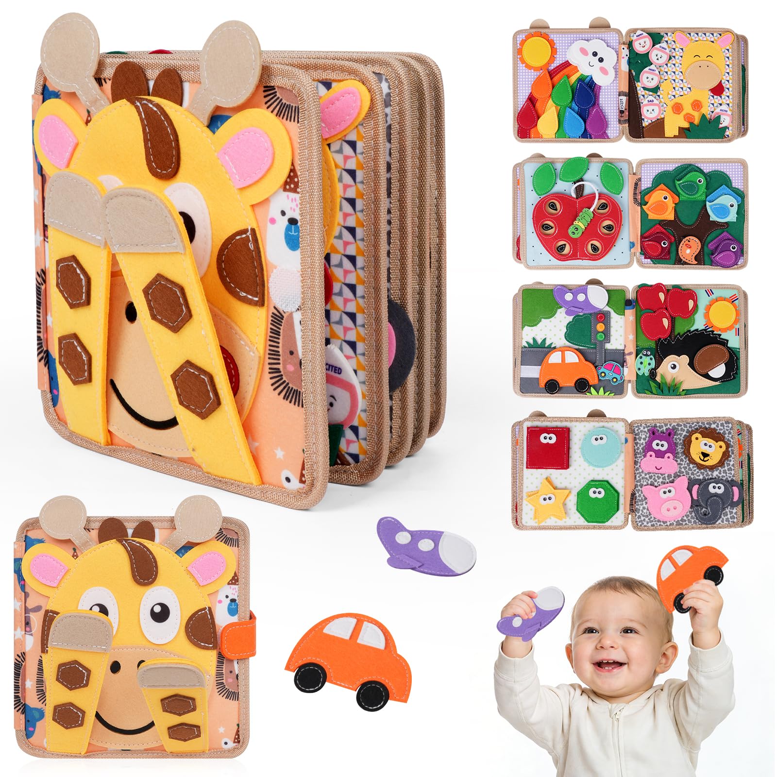 Giraffe-Themed Felt Quiet Book for Toddlers 1-3, Engaging Sensory Activities for Travel by Car or Plane, Yellow