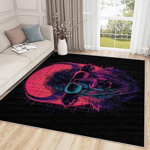 Neon Rugs for Bedroom - 7x9 Area Rug, Retro Bison Home Decor, Cyberpunk Animal Living Room Rug, Cool Bull Washable Rugs for Bedroom, 80s Futuristic