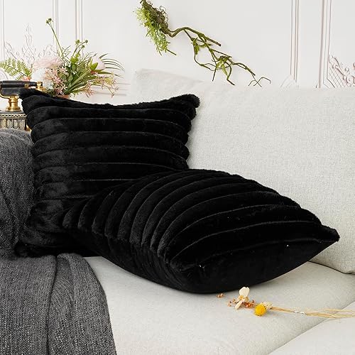 Miniatura 2 de YOUR SMILE Juego de 2 fundas de almohada decorativas de terciopelo suave y acogedora a rayas, piel sintética de conejo, decoración neutra moderna