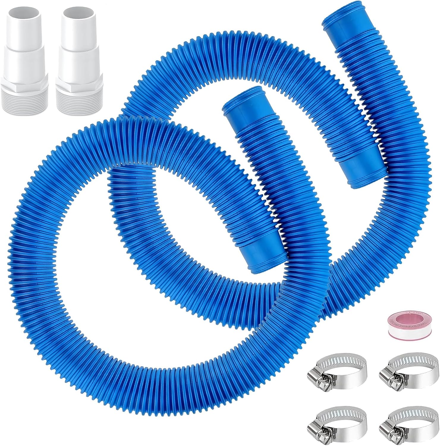 1.5” (38mm) Heavy-Duty Pool Hose Replacement Kit – 6ft Above Ground Pool Hoses with Adapters, Stainless Steel Clamps & PTFE Tape, Compatible with Intex Pool Filter Pumps (2 Pack 6Ft)