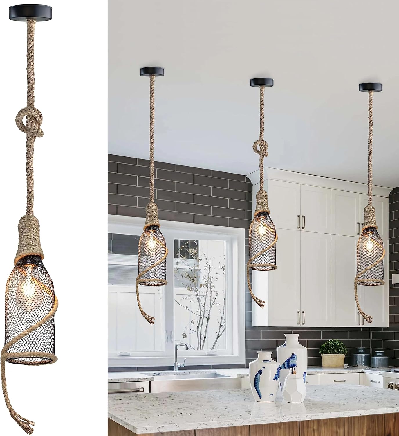 3 Pack Retro Industrial Metal and Hemp Rope Light, Bottle Pendant Light Hanging for Farmhouse Kitchen Island Foyer Hallway Decor