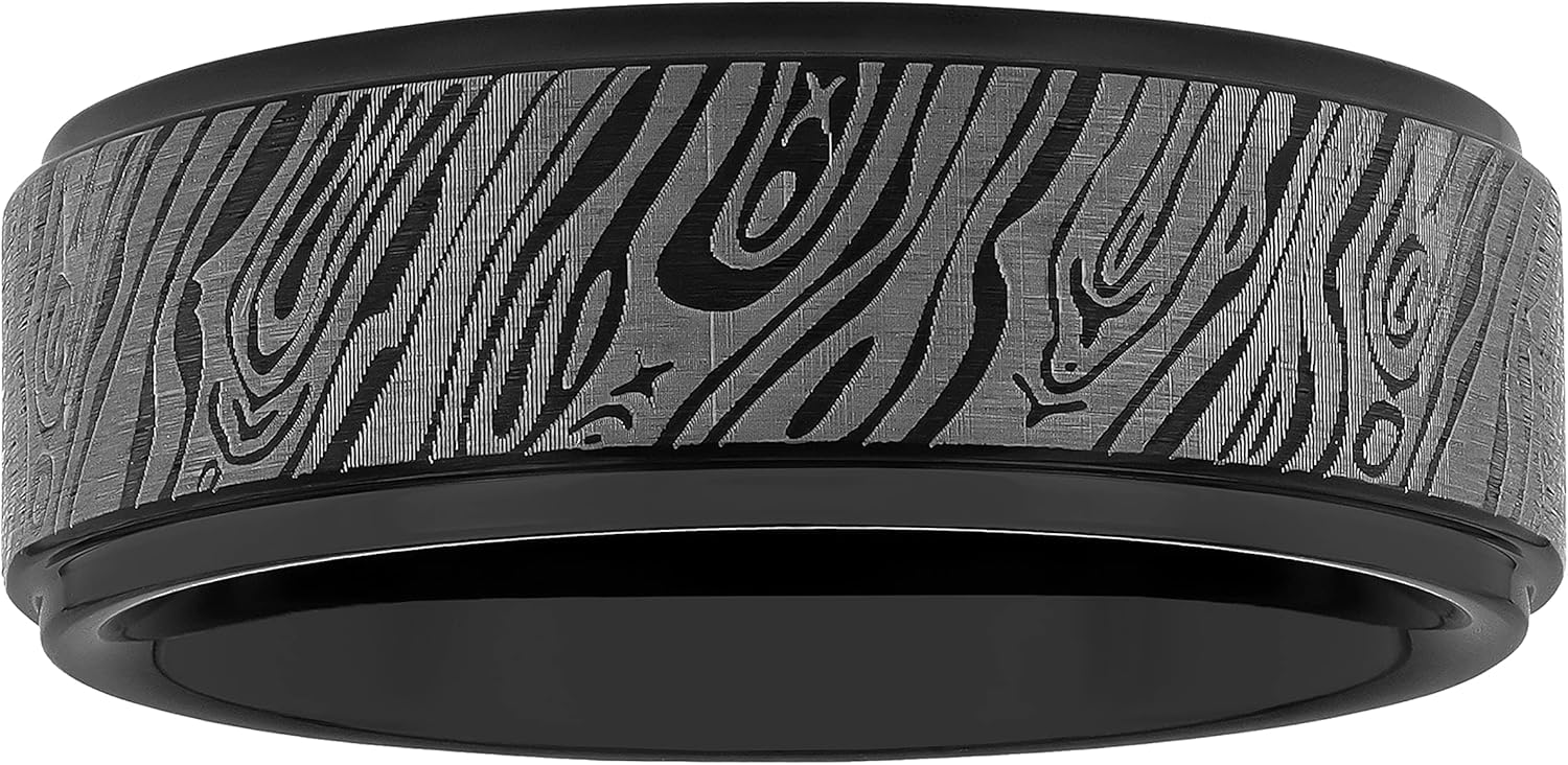 Tantalum Carbide 8mm Black Damascus Pattern Center and Step Edge Men’s Wedding Band Ring