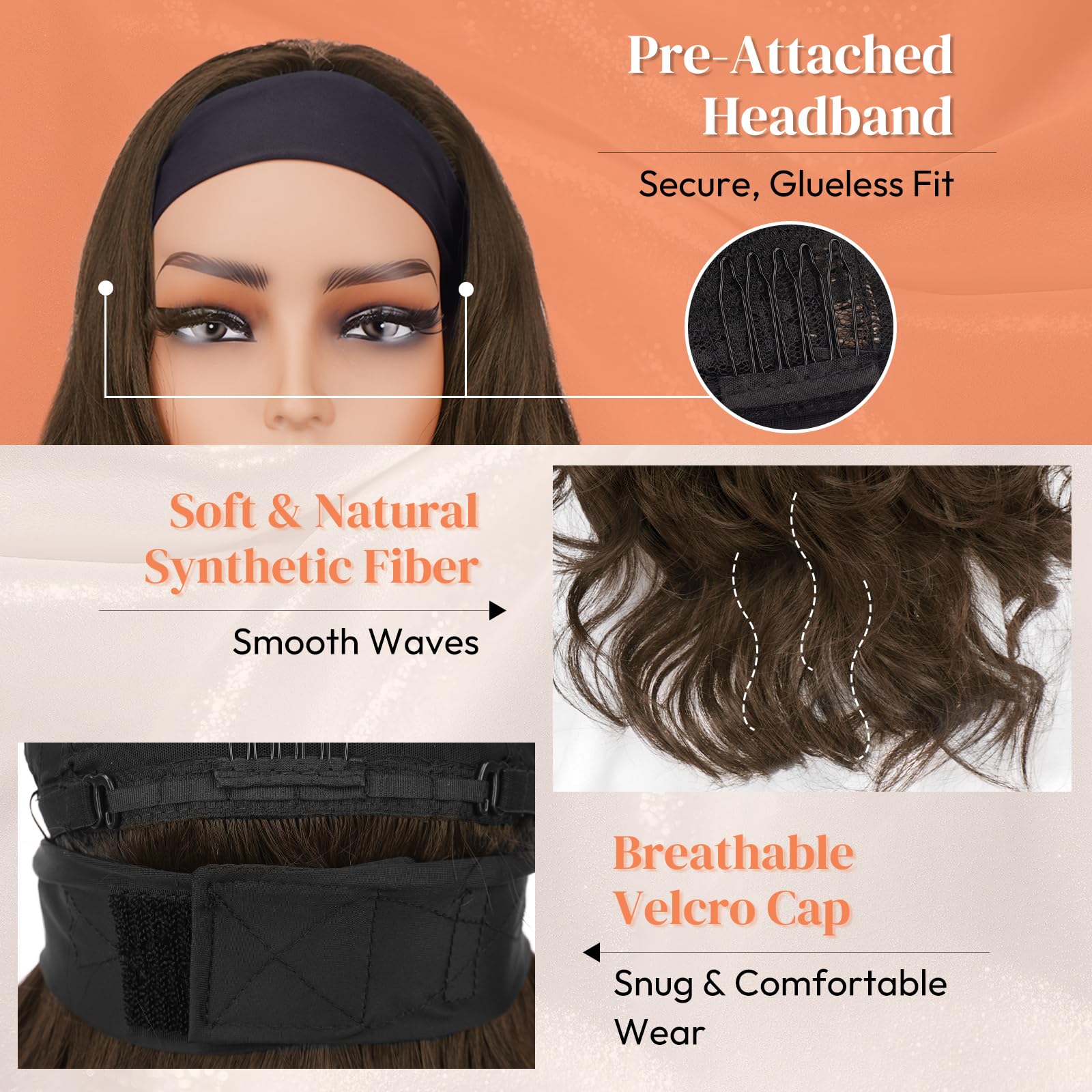 BARSDAR Ondulée Brun Clair Bandeau Perruque, 66cm Longue Body Ondulée Synthétique Headband Perruque pour Femme Hair Wig D'aspect Naturelle Glueless Easy Wear Cheveux Perruques