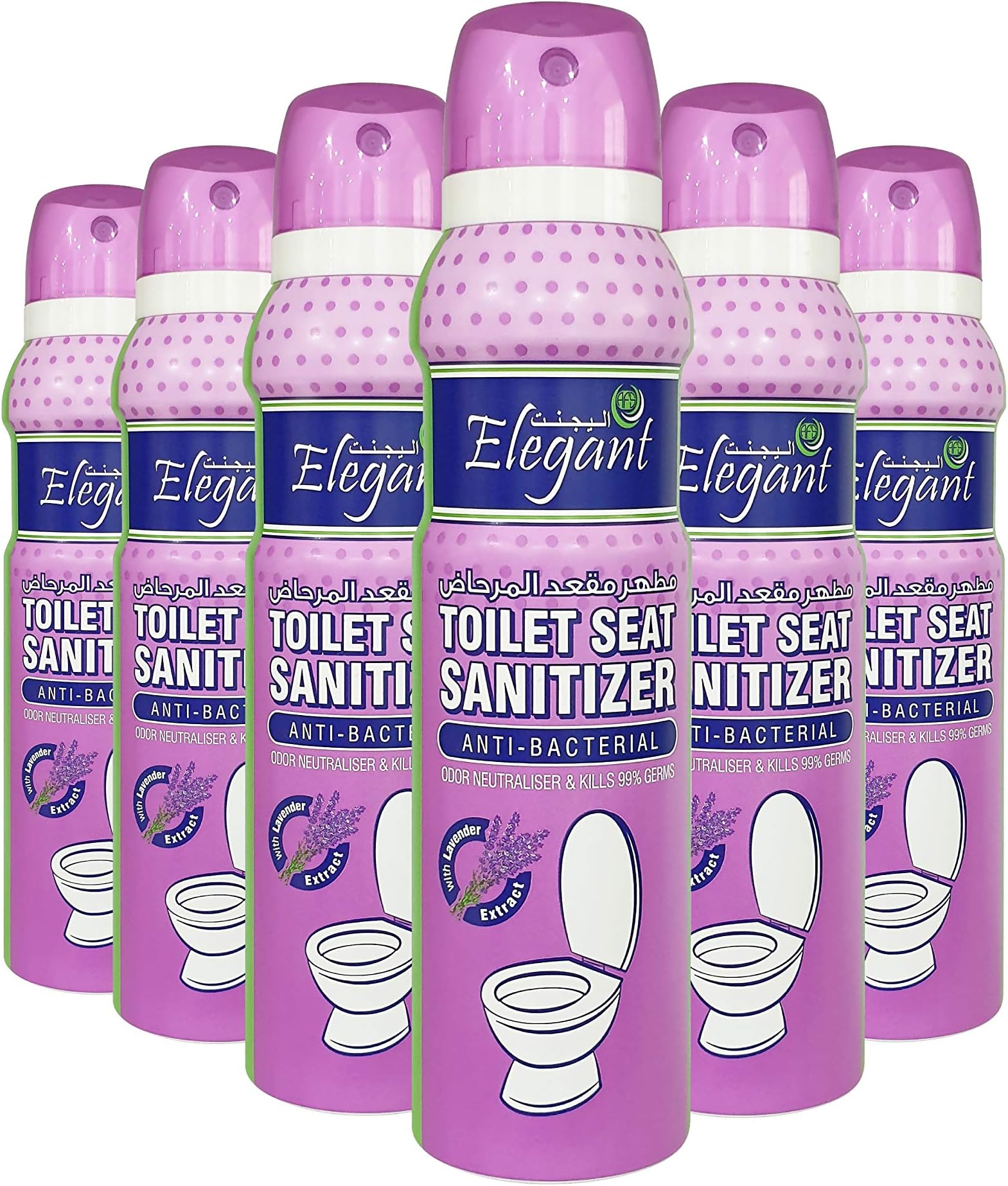 Elegant Toilet Seat Sanitizer Spray – Pack of 6 – 150ML – Disinfectant For Toilet Seat – Anti-Bacterial – Odor Neutralizer – 99.9% Germ Protection With Lavender Extract