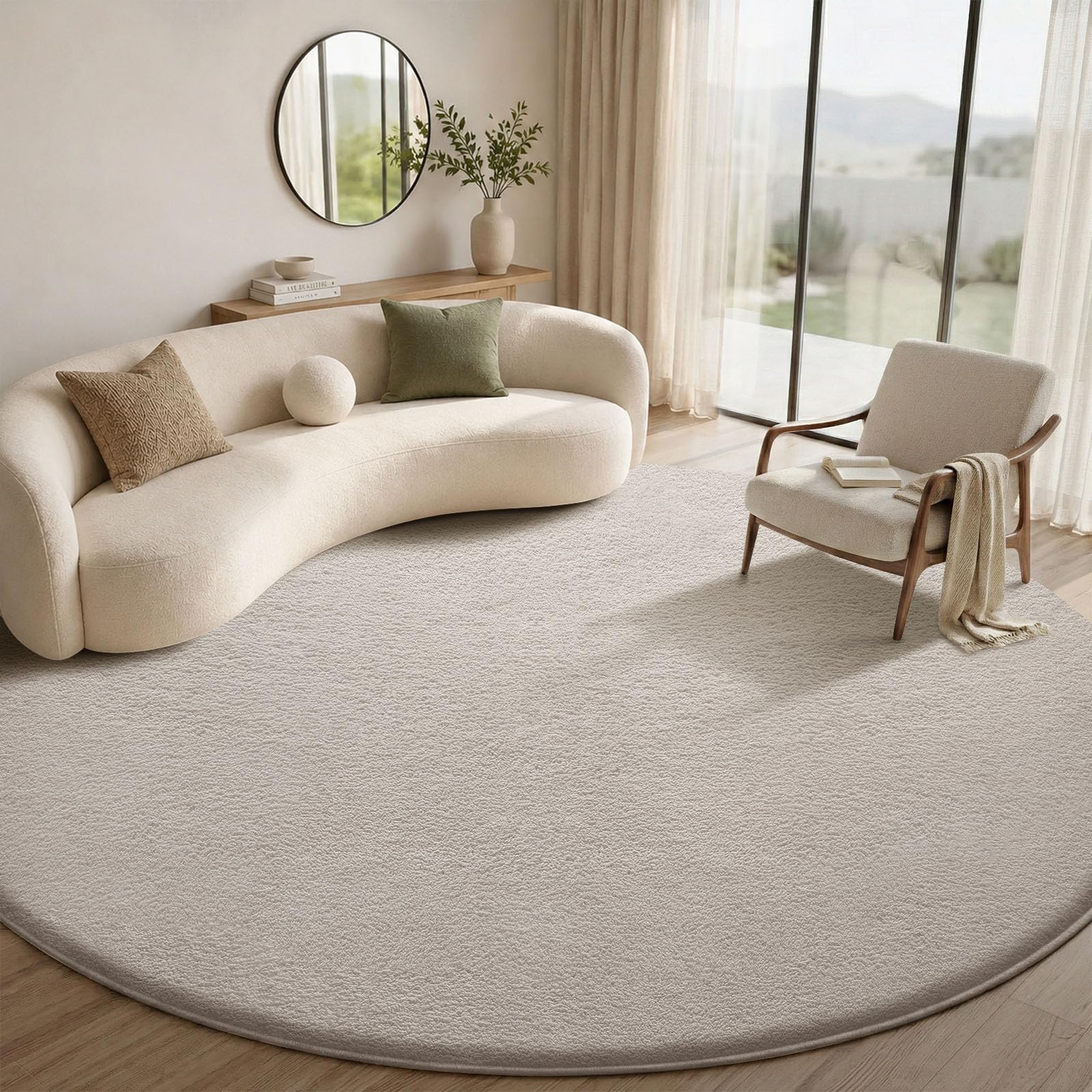 Sour Lemon Rugs Living Room 120cm Round, Sand Beige Shaggy Fluffy Area Rug, Non Slip Bedside Rug, Short Pile Soft Runner Rugs, Washable Modern Floor Carpets for Kids Room Bedroom Hallway Entryway