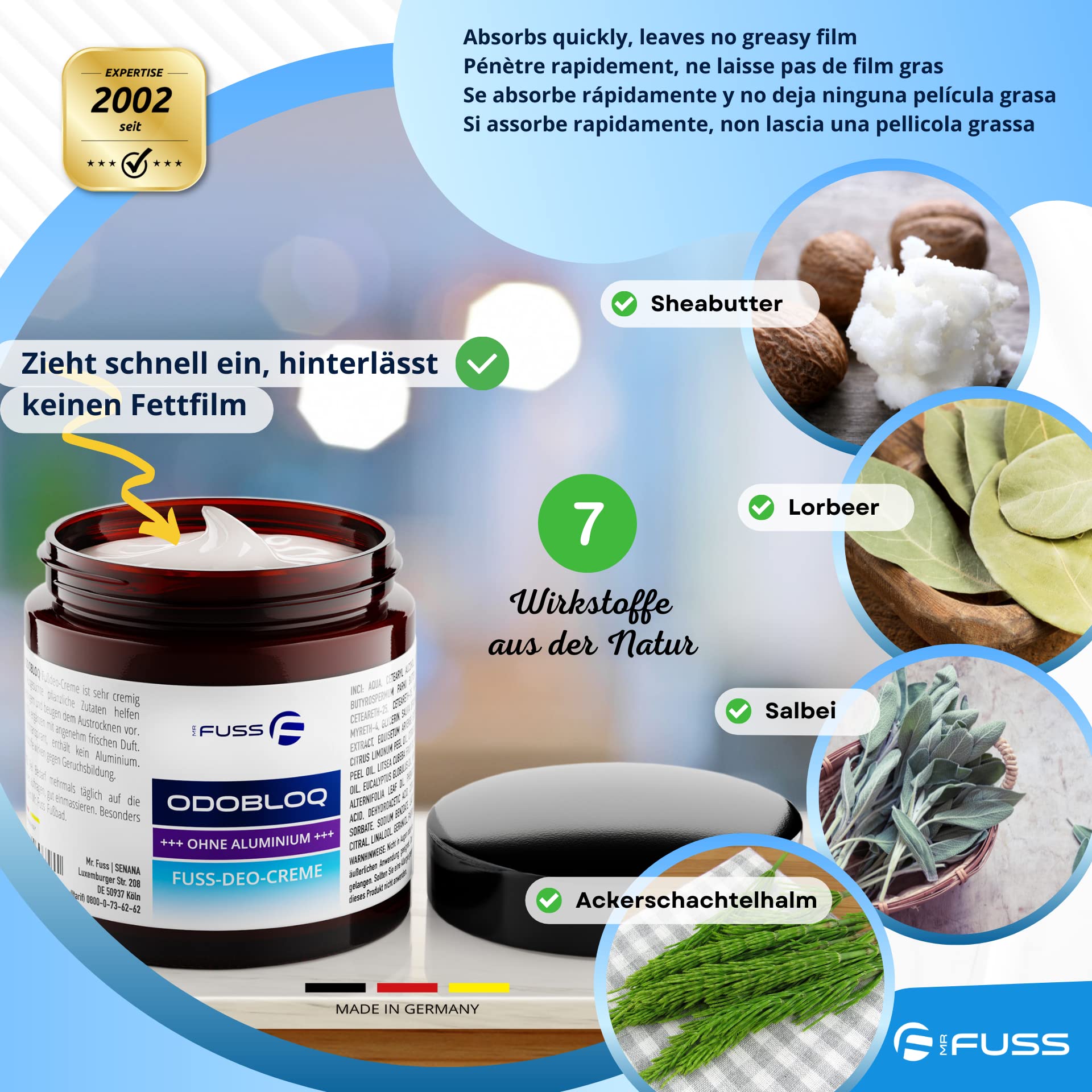 Mr. Fuss® ODOBLOQ Dezodorant do usuwania nieprzyjemnych zapachów, krem przeciw poceniu się stóp i silnemu zapachowi stóp – bez aluminium – 100 ml – krem do pielęgnacji stóp dla kobiet i mężczyzn