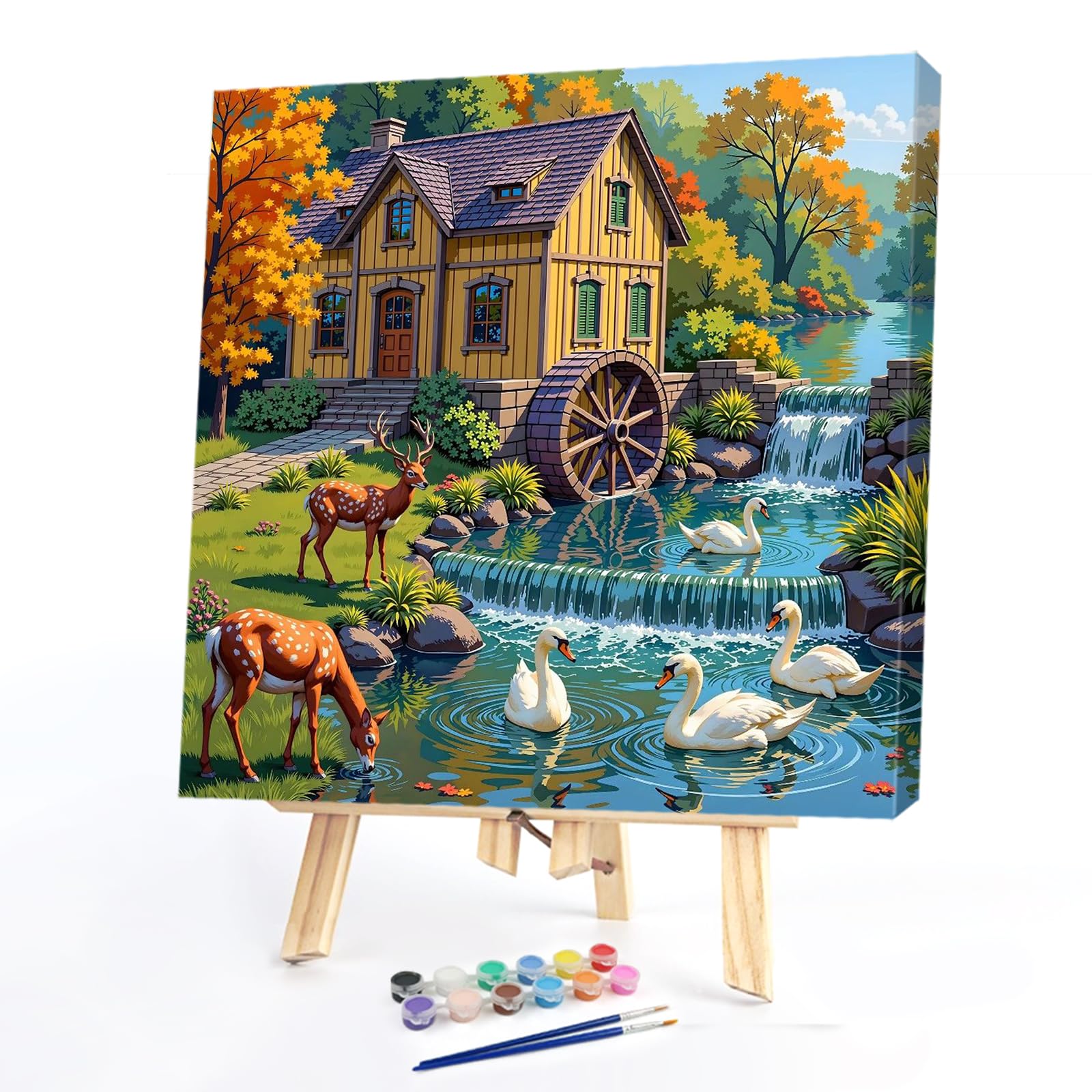 Poetrydraw Autumn Watermill With Deer Diy Paint By Numbers Kit 15.75X15.75inch Canvas Oil Painting For Beginners & Adults Gift