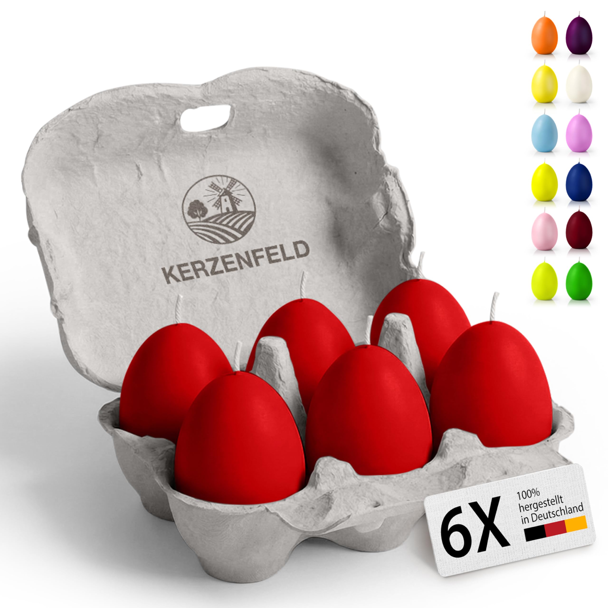 Bunte Eierkerzen 6 Stück, 60 x 45mm hochwertige Osterdeko - Ostereier Kerzen mit 7+ Stunden brenndauer, Made in Germany - Unparfümiert und RAL-Zertifiziert (Rot)
