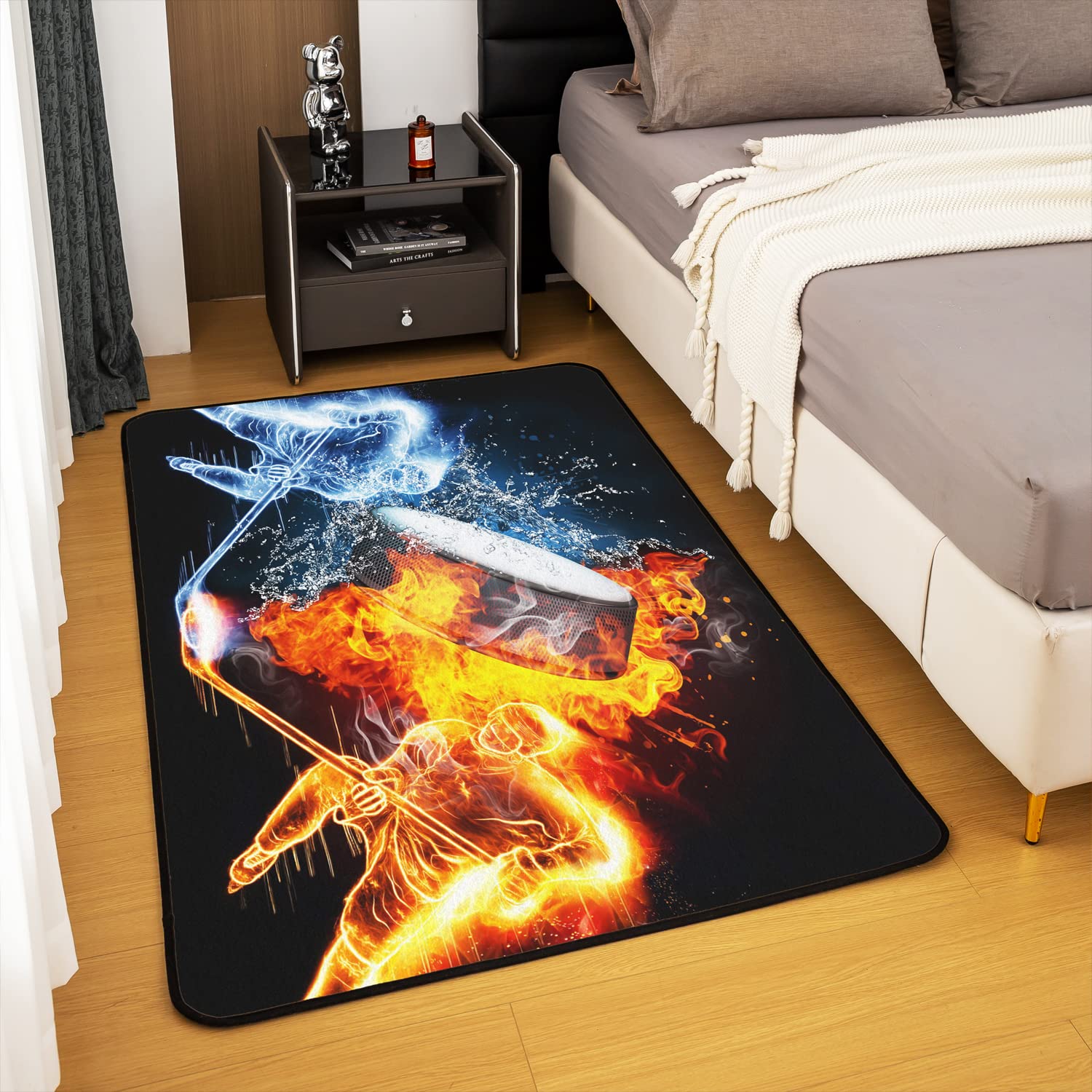 Kinder Eishockey Bereich Teppich 150x200cm Eissport Spiele Teppiche für Wohnzimmer Schlafzimmer Dekor Puck Hockey Indoor Fußmatte Hockey Spieler Orange Blau Akzent Modern Teppich