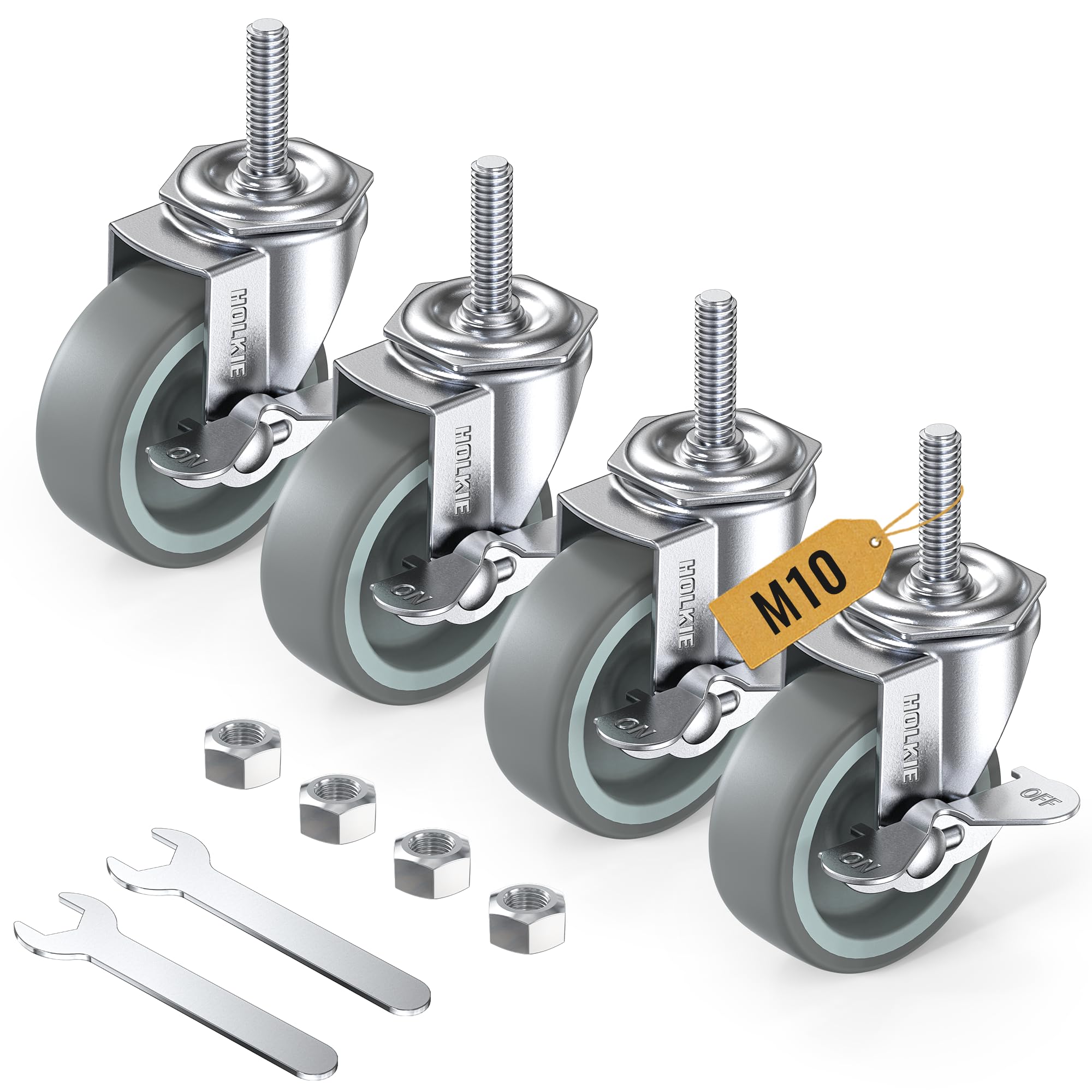 HOLKIE Roulettes pour meubles 75 mm avec freins, M10 x 1,5 x 30 mm Lot de 4 roulettes pivotantes à tige filetée - Roulettes charge lourde verrouillables Gris