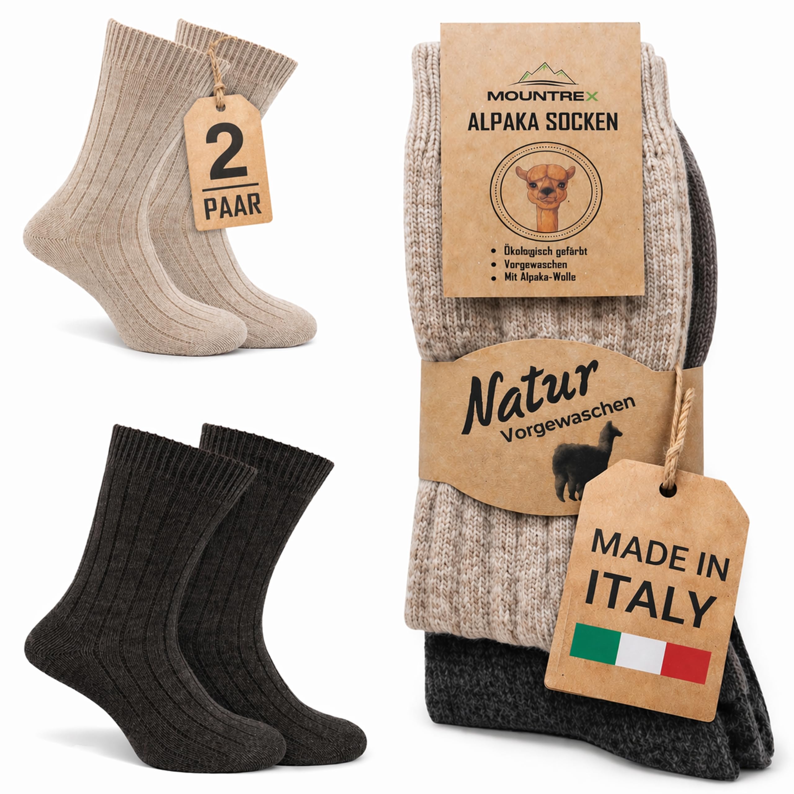 MOUNTREX® Alpaka Socken, Wollsocken für Damen und Herren - Wintersocken, Warme Haussocken, Thermosocken - Dünn - Kuschelsocken - 2 Paar