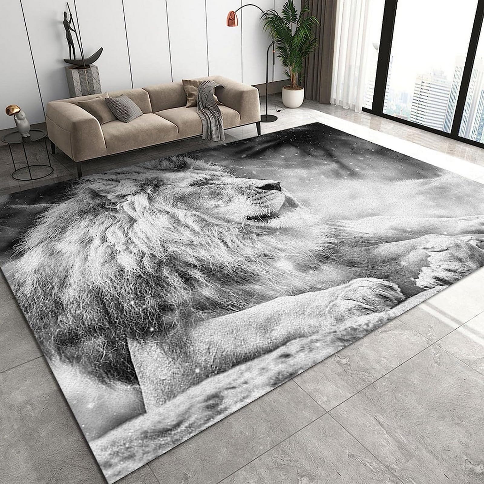 Area Rugs Carpeted Room Living Bedroom, Animal Lion 3D Flannel Rugs Bathroom, Men Boys Girls Modern Anti Slip, Floor Mat Kitchen Rug Pad, 140 X 200 Cm, Stain Resistant Easy Clean-3304602597195