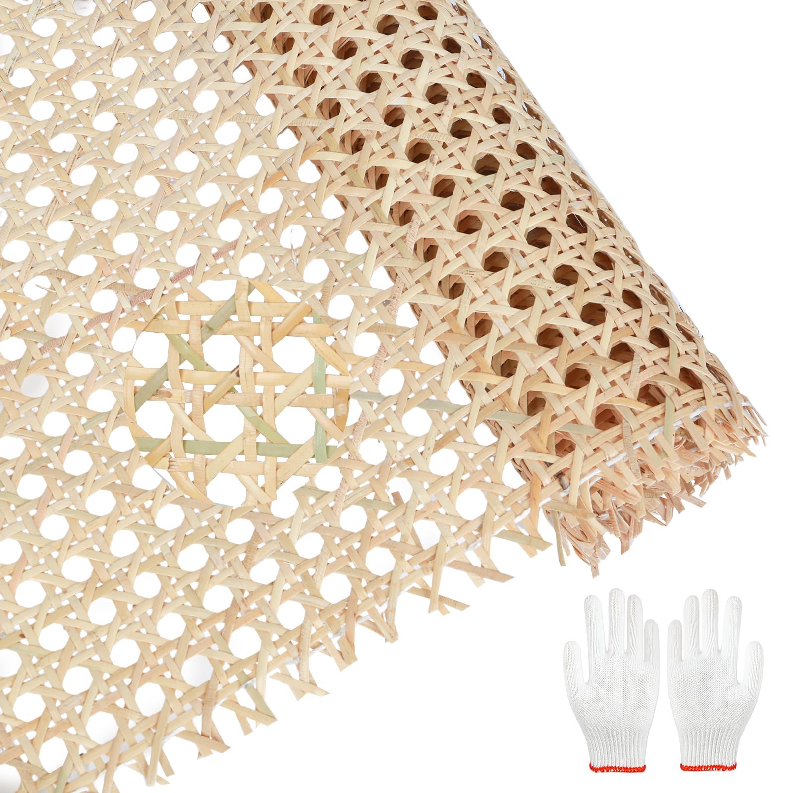 Rollo de cinta de ratán natural, tejido de nido de abeja, para muebles y decoración del hogar + guantes (150 x 50 cm, color natural)