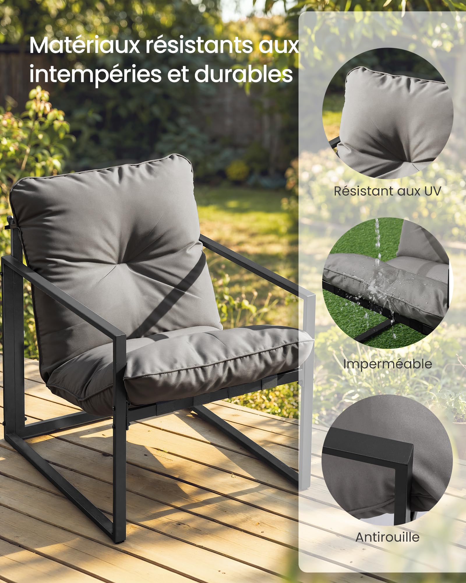 SONGMICS Salon de Jardin Extérieur 4 Pièces, Meuble de Jardin, 2 Fauteuils, 1 Table, 1 Banquette, Acier, Coussins Rembourrés, pour Terrasse, Balcon, Gris GGF040GZ01