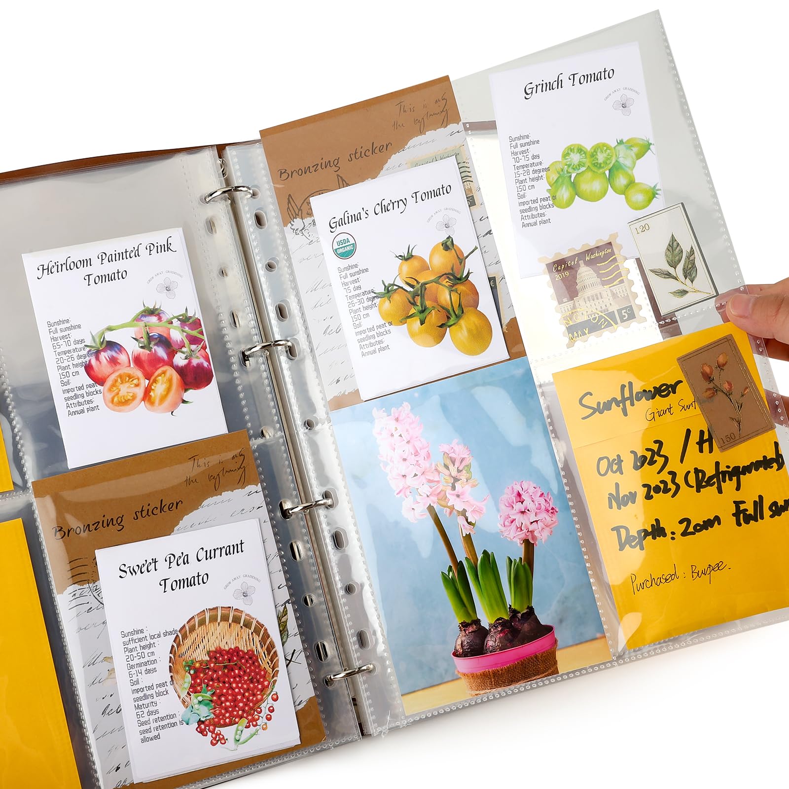 Carpeta organizadora de paquetes de semillas, paquete de planificador de jardín con 25 fundas transparentes de bolsillo (tamaño de la ranura 3.9 x 5.5 pulgadas), 50 sobres de almacenamiento de