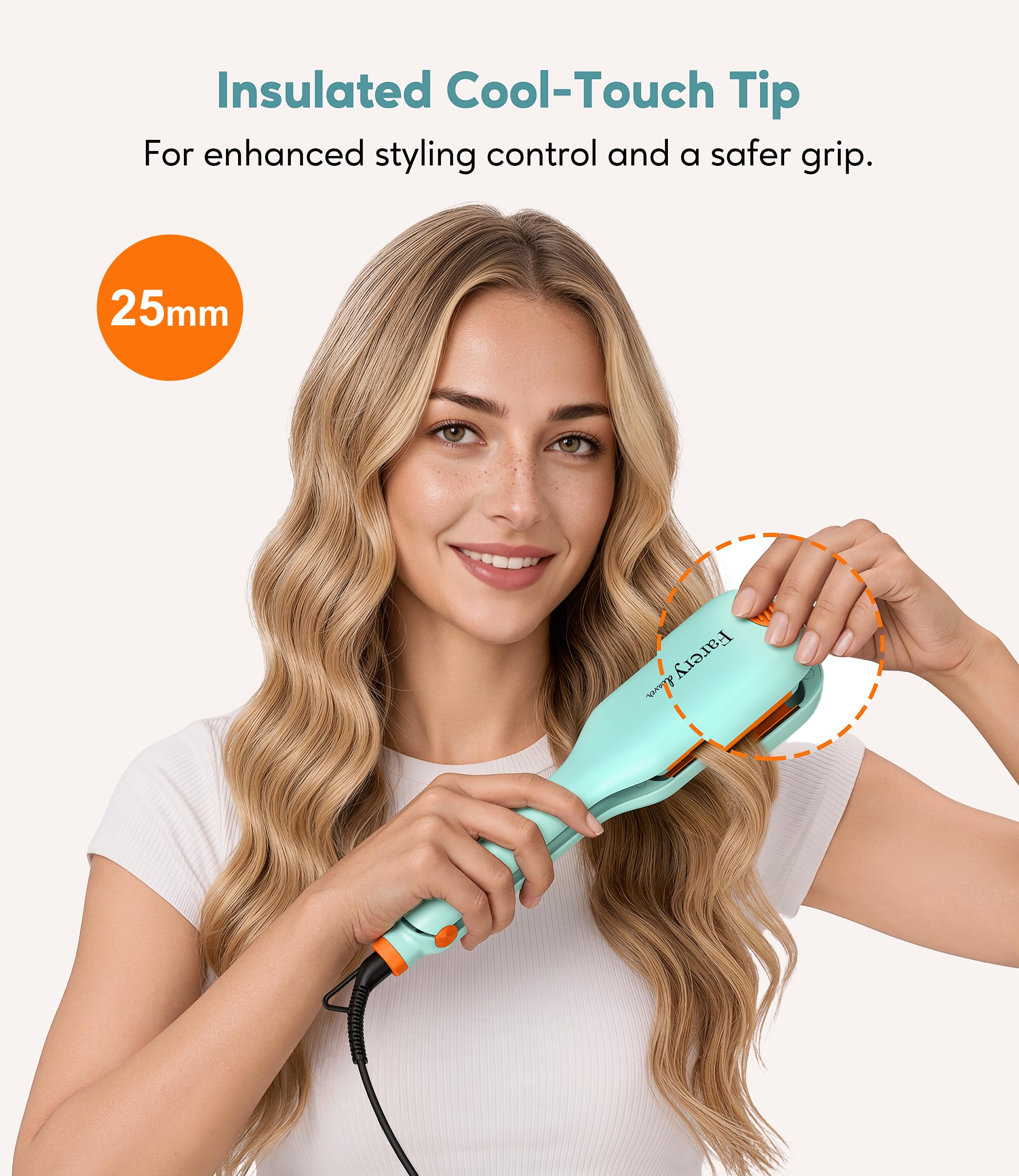 Ondulador de cabello Farery de 25 mm – Rizador de ondas profundas con tecnología iónica, tres tubos con calor uniforme y cable giratorio 360° para crear ondas playeras de forma segura y sencilla.