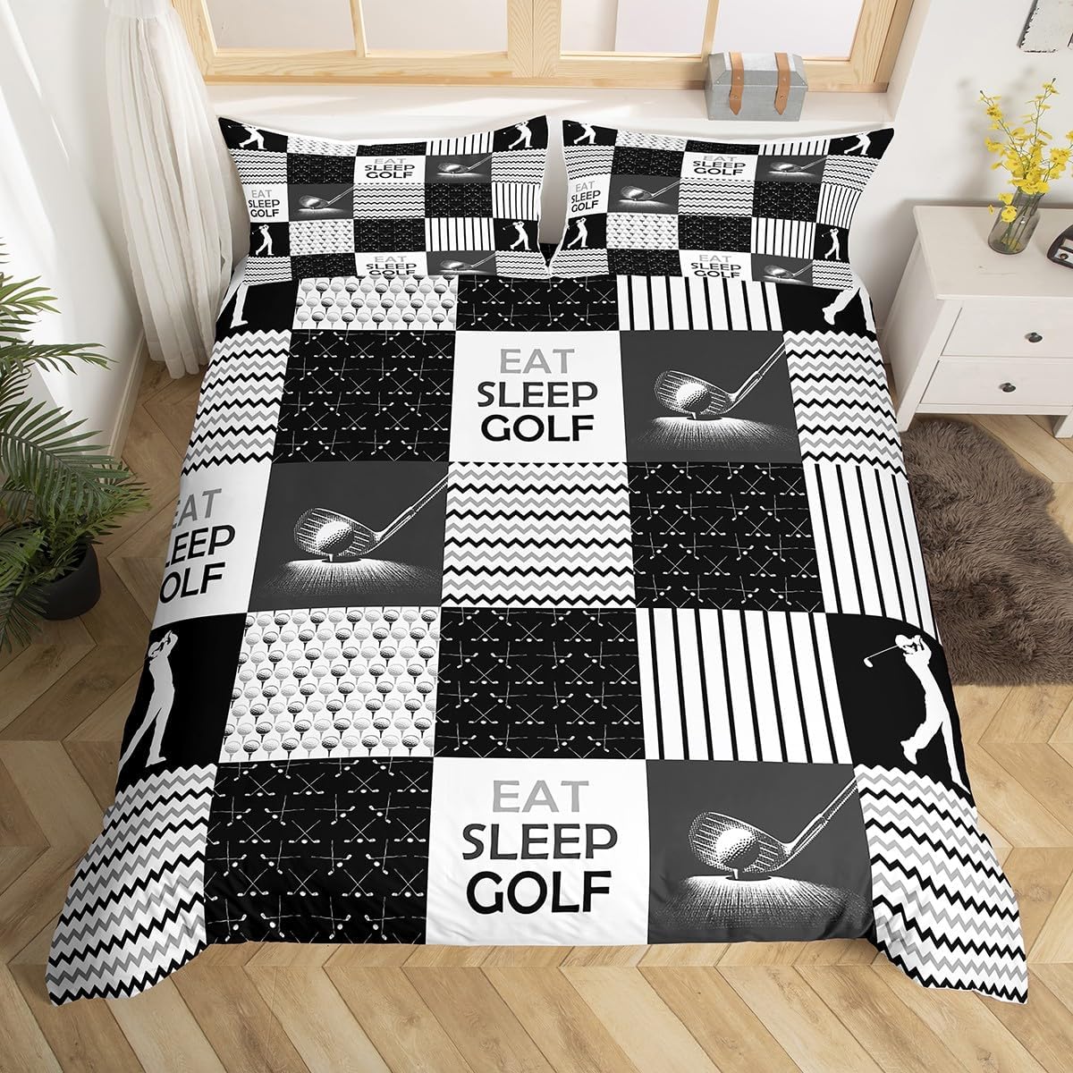 Boys Golf Comforter Cover Balls Player Theme Bedding Set Full, Golf Sports Patchwork Duvet Cover for Teenagers Adults Golf Lovers Geometric Ripple White Black Bed Cover with 2 Pillowcases, Zipper