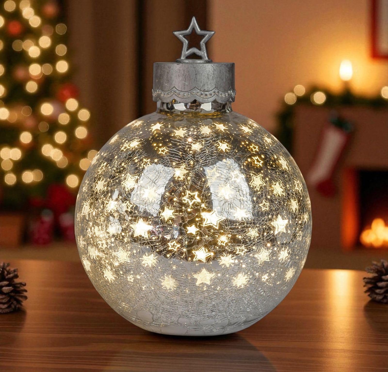 formano LED Deko-Kugel 35cm Silber Sterne Glaskugel mit Timer 6h/18h beleuchtet - inkl. Batteriebetrieben - Herbst Winter Weihnachtsdeko für Tisch Regal Fensterbank