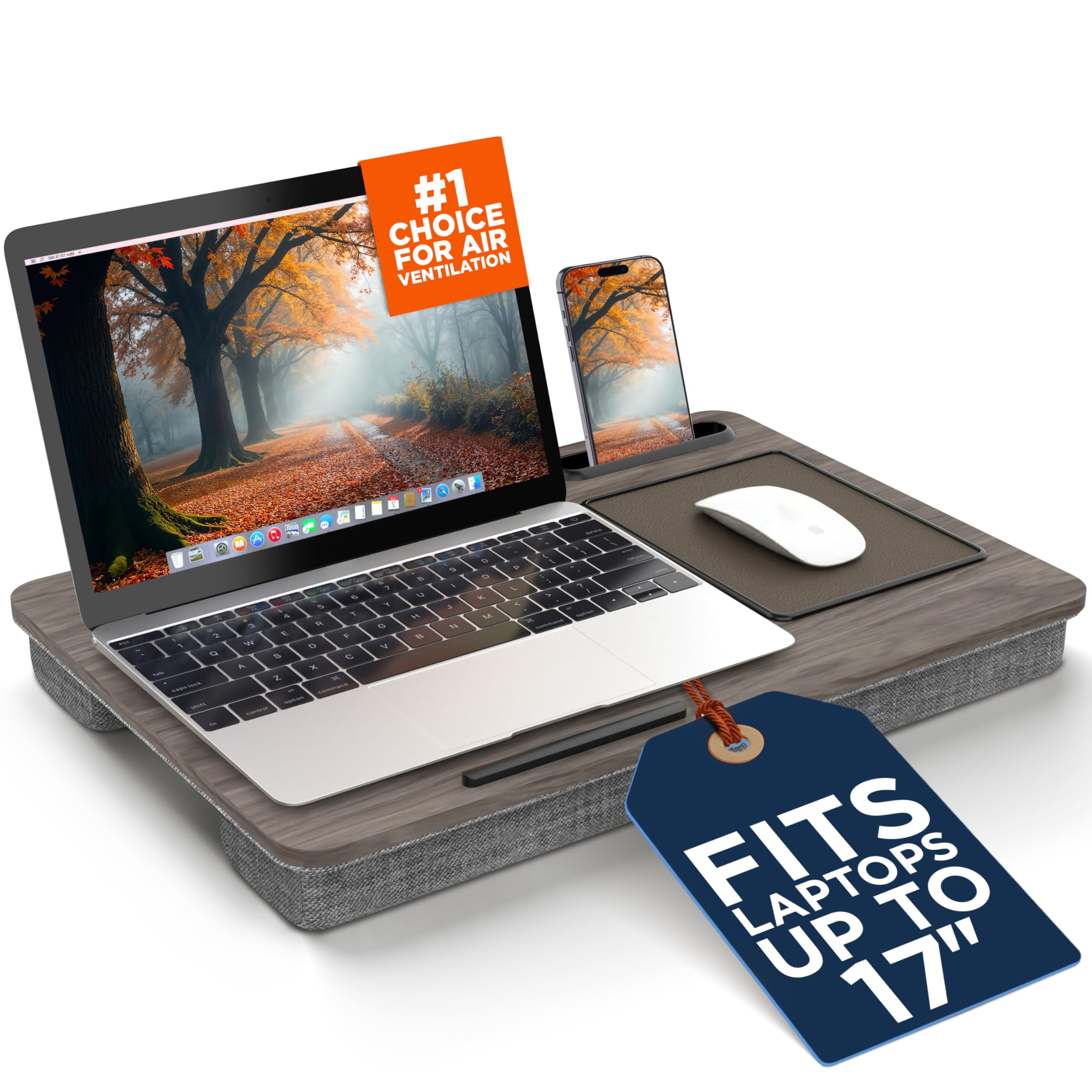 SHOPPINGALL Lap Desk Portable Laptop Stand Desk Fits up to 17" Laptop with Cushion Mouse Pad, Tablet & Cellphone Holder Slot for Sofa Couch & Bed, Home & Office Portable Desk - SA-BR182-Gray