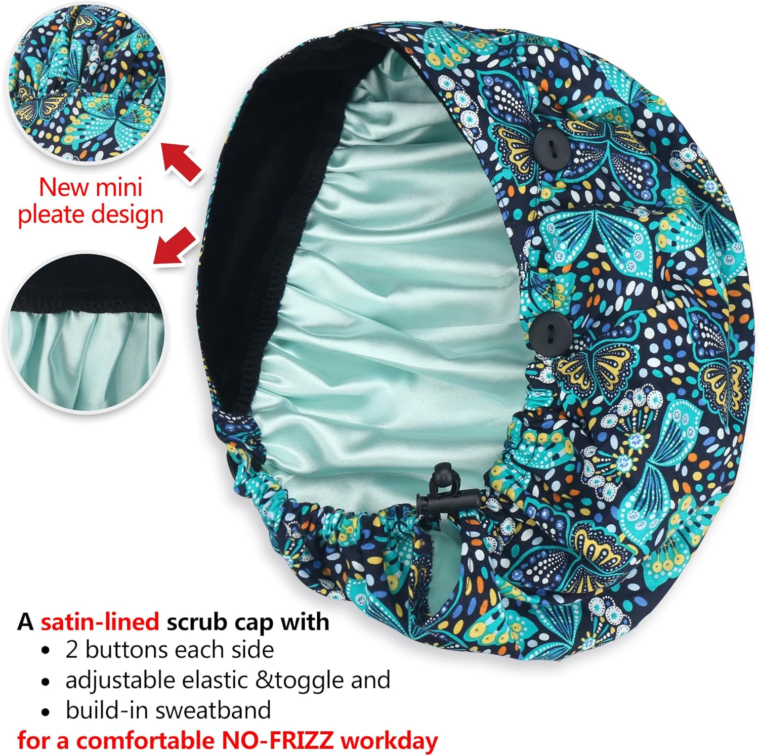 ABAMERICA 2 Pack Bouffant Caps with Button and Sweatband, Adjustable Scrub Caps for Women Men, One Size Multi Color - Image 2