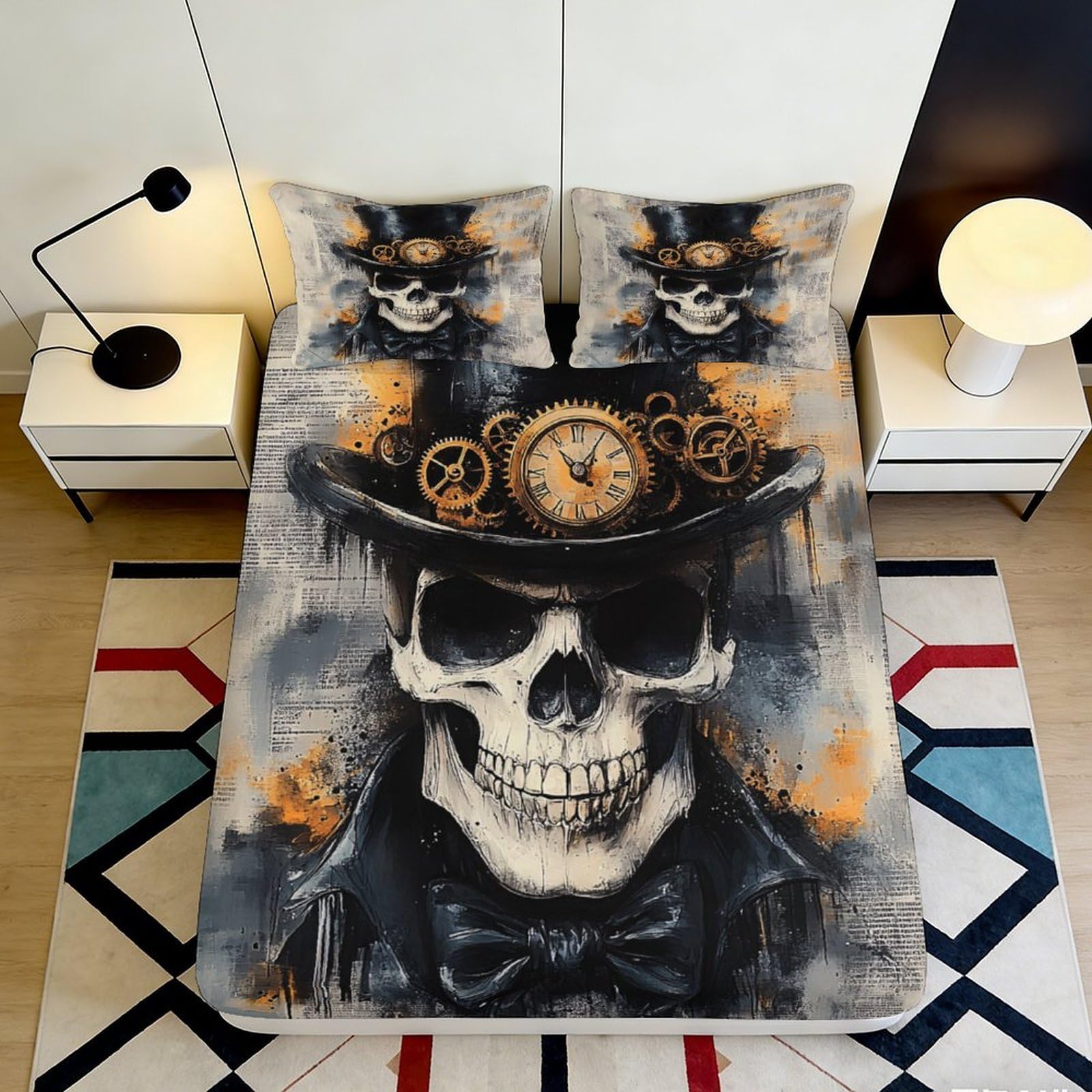 3D Printed Steampunk Skull Fitted Sheet Microfiber Soft Orange Black Gothic Clock Bed Cover for Bedroom Dorm Mattress Decor 90x200x25cm