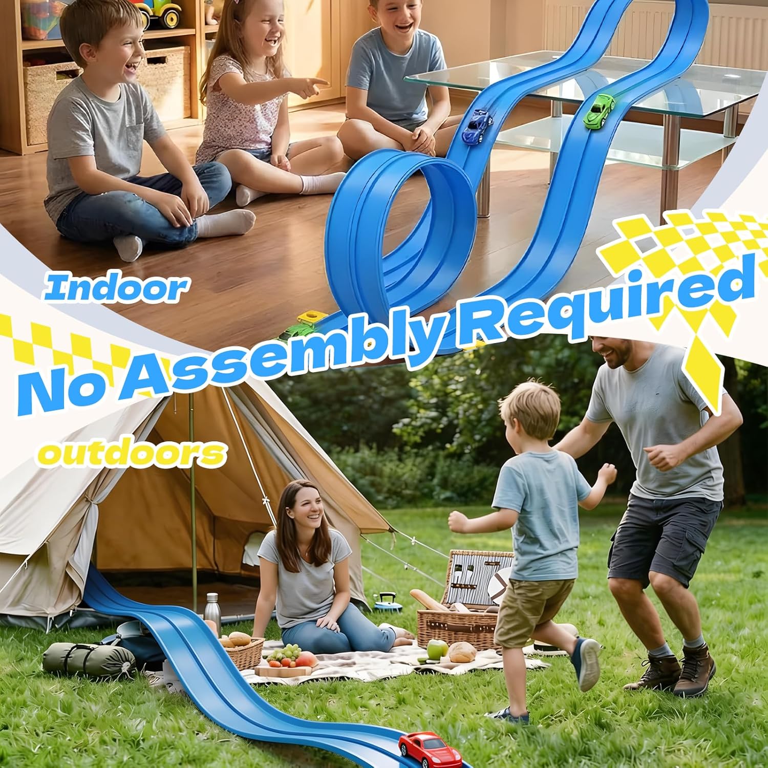 Flexible Race Track for Kids, 15ft 2-Lane Roll Up Race Car Track with Strong Suction Cups & Diecast 1/64 Scale Cars, Portable Racetrack Toy for 3+ AgesBoys Girls Outdoor Toys