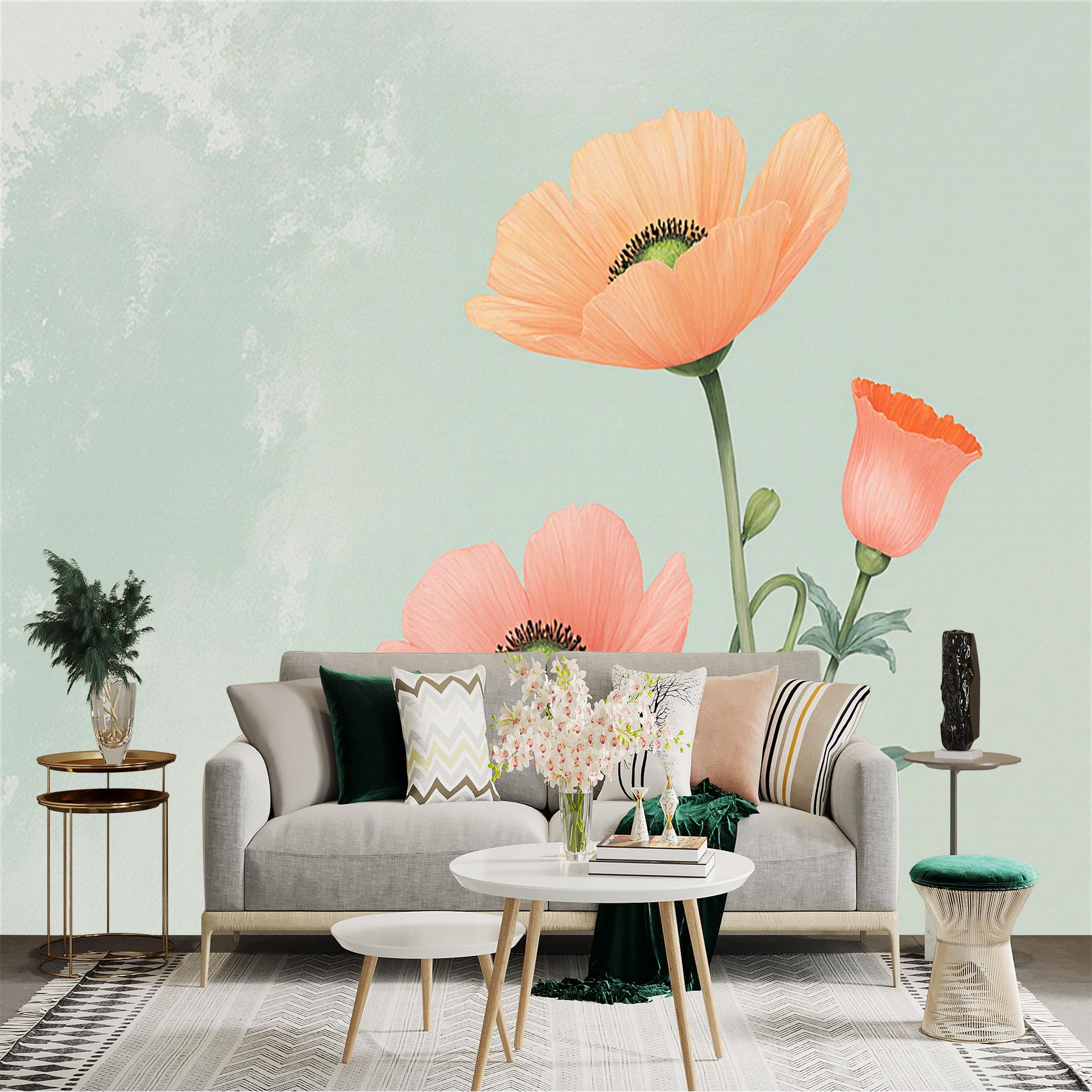 Custom Size Wall Sticker Mural， Elegant Peach Floral Art， Soft Botanical Aesthetic， Minimalist Spring Bloom Illustration， for wall Decoration， peelandstick wall Decals.