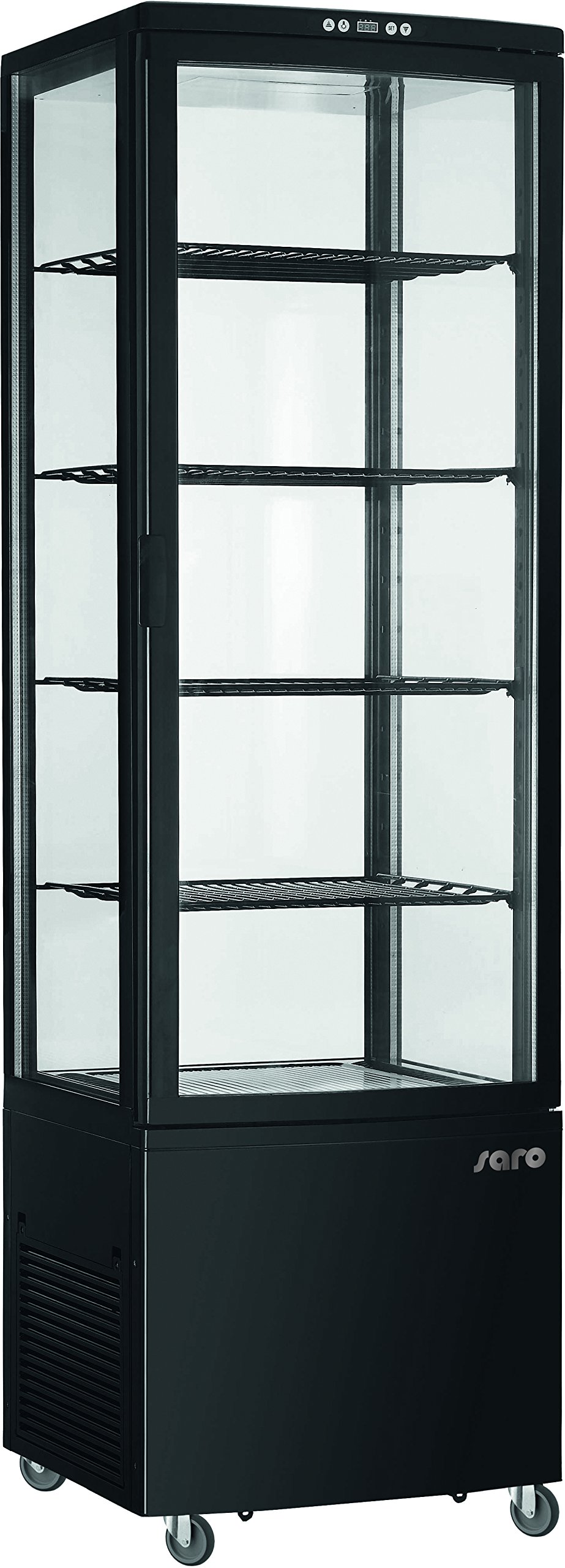 SARO SVEN - Vetrina refrigerante da 235 l, raffreddamento a ricircolo, controllo digitale della temperatura 0/+12 °C, illuminazione a LED, 4 griglie regolabili, sbrinamento automatico, plastica nera