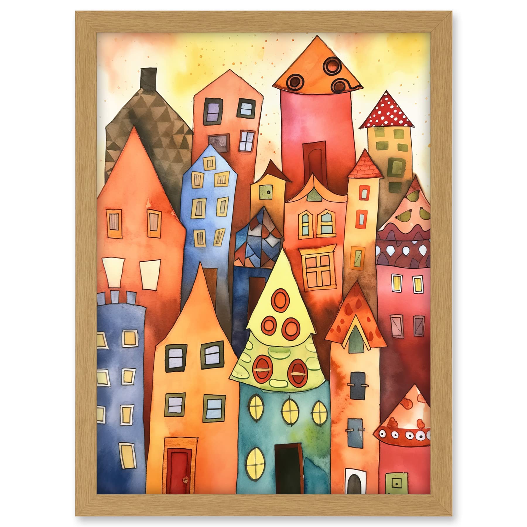 Artery8 Colourful Townscape Folk Art Watercolour Painting Artwork Framed A3 Wall Art Print