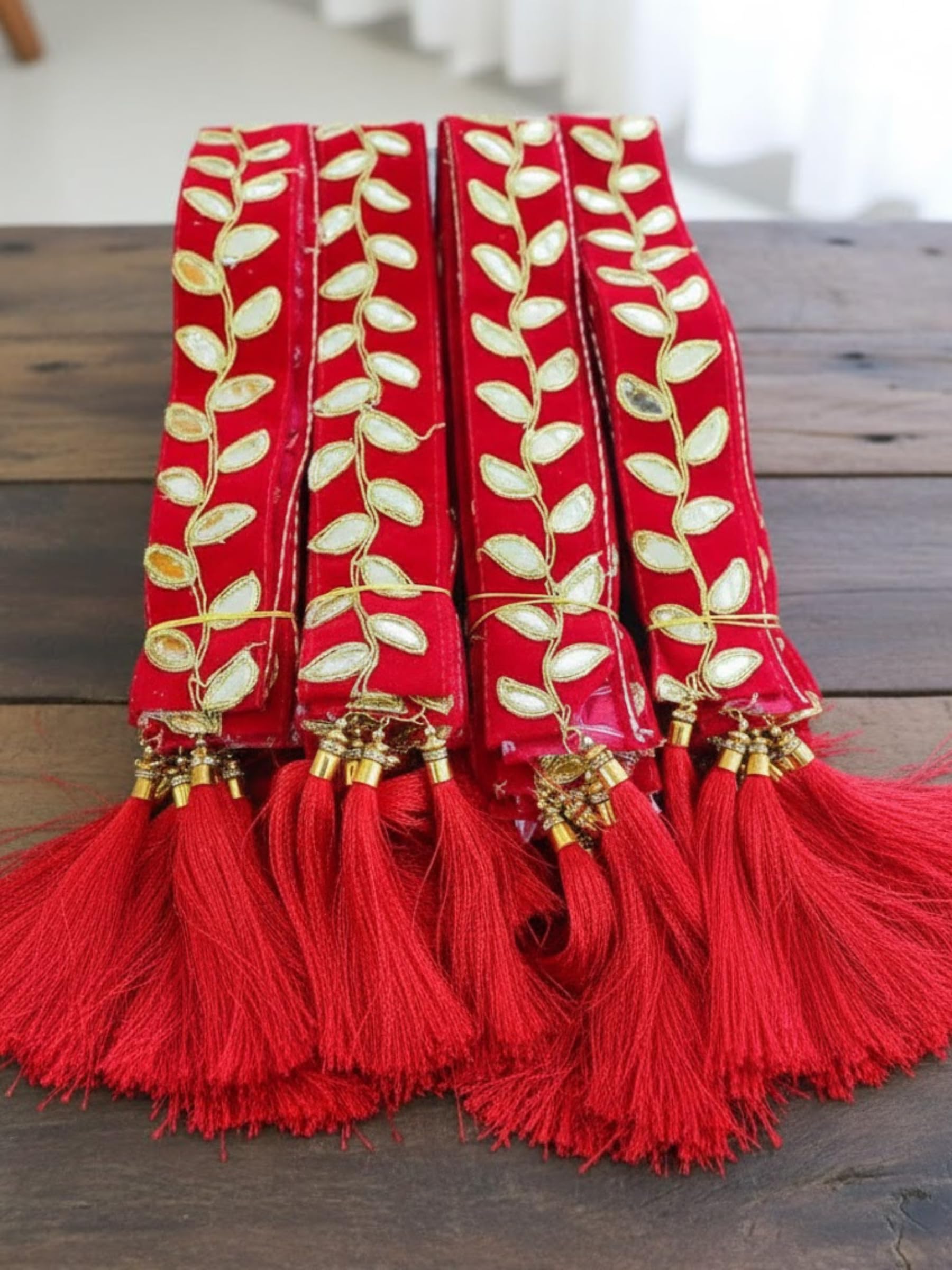 Moh & Maya Baarat Swagat Decorative Red Velvet Mala for Wedding & Guests Lace Trim with Gold Leaf Pattern Embroidered Tassels Traditional (10, Garland)-image-28
