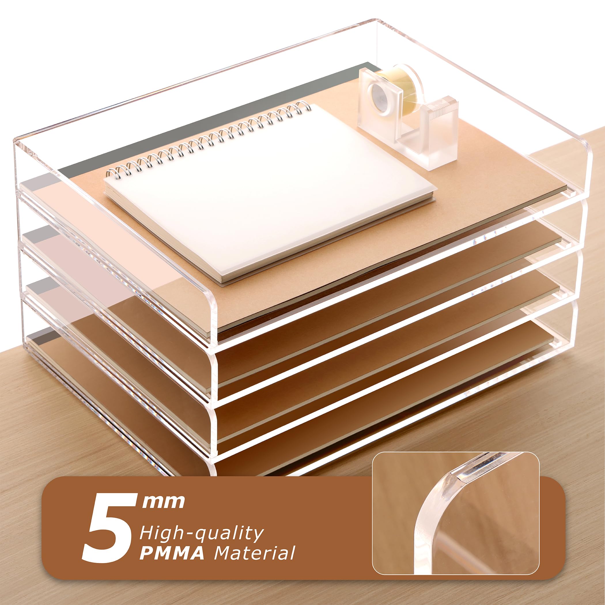 SANRUI Vassoi trasparenti da scrivania a 4 ripiani, vassoio portadocumenti impilabile A4, organizer da scrivania e accessori in acrilico, organizer per ufficio e spazio di lavoro, 31,5 x 22,5 x 8,8 cm