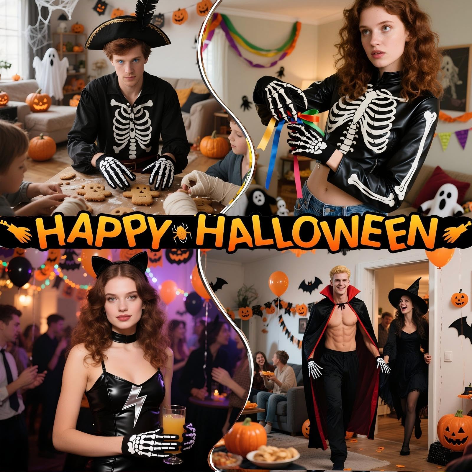 HUSHRICH 2Pairs Halloween Skeleton Gloves Adult Skeleton Full Finger Gloves - Image 3