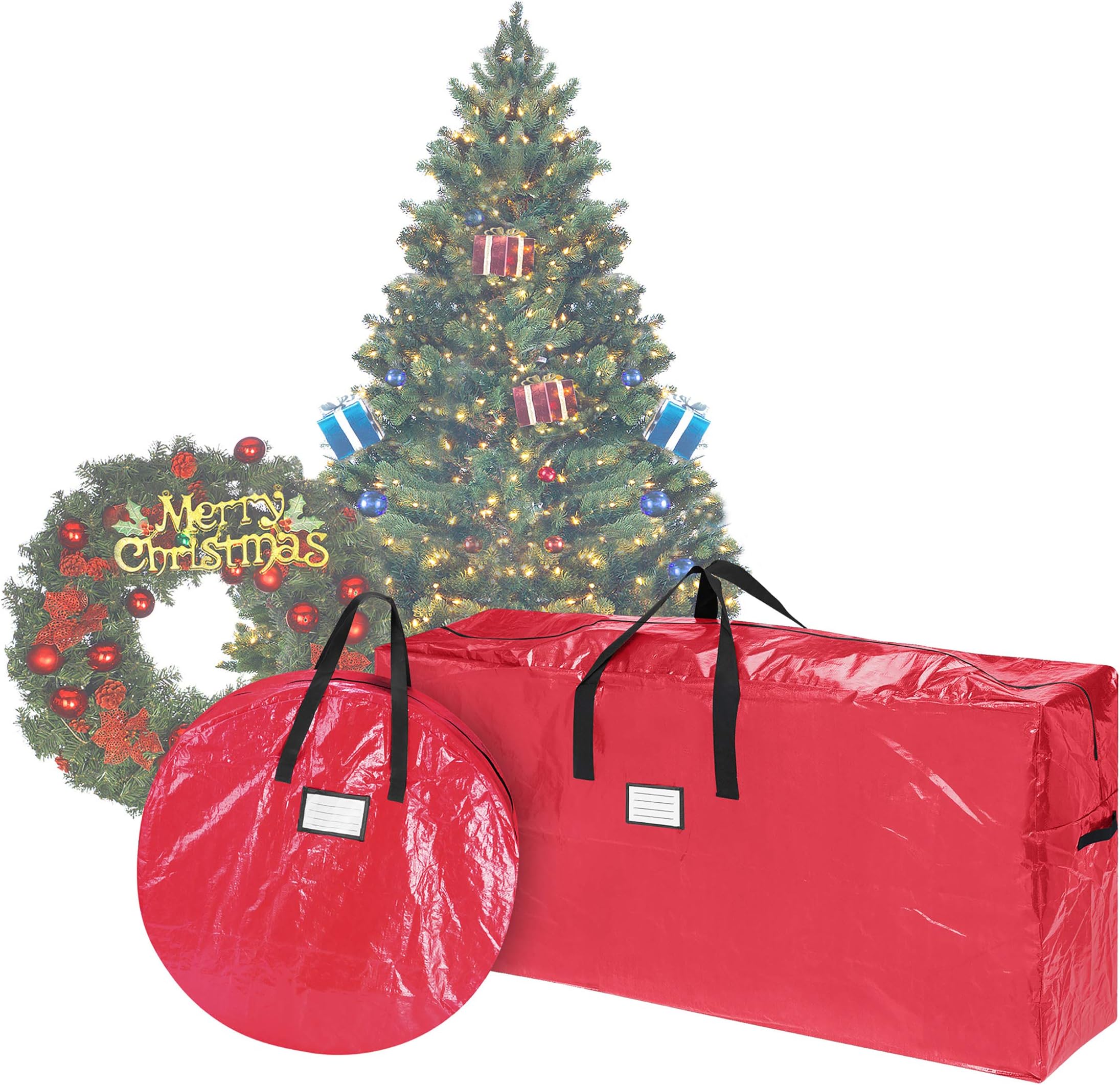 Wreath and Christmas Tree Storage Bag Set - Zippered Totes to Protect 9-Foot Artificial Trees and 30-Inch Holiday Wreaths by Elf Stor (Red)