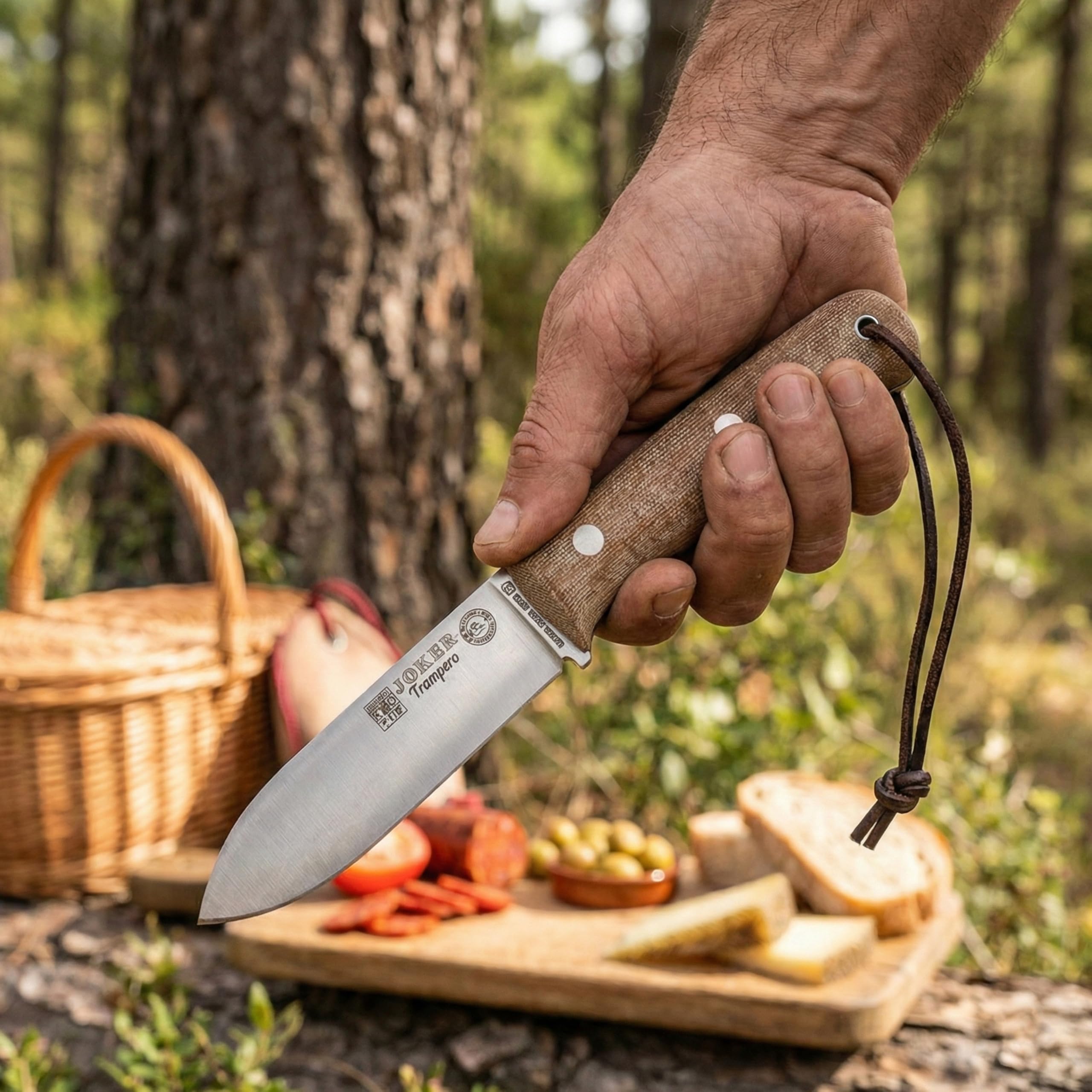Cuchillo de monte y caza "Trampero" Joker CM113-P, Mango Micarta Canvas Marrón, hoja de 10,5 cm acero Sandvik 14c28n , con funda piel, pedernal, Herramienta de pesca, caza, camping y senderismo