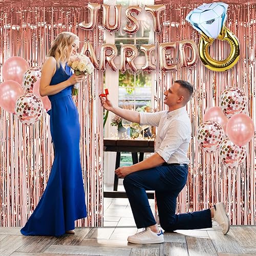 Miniatura 6 de ROTASLOG Juego de decoraciones de oro rosa recién casado, globos de boda, pancarta, accesorios para fotos, rosa, látex y papel de aluminio, paquete