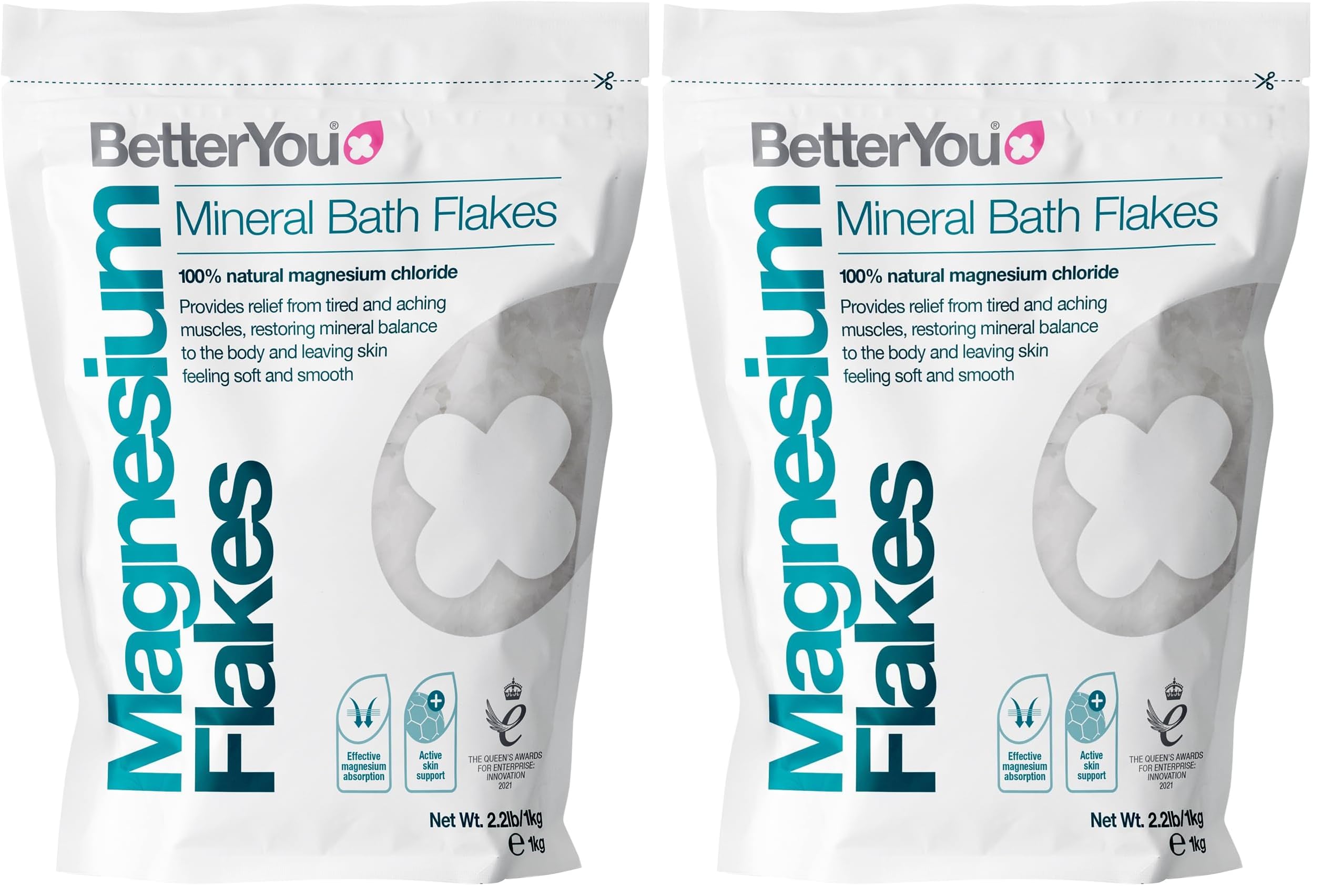 BetterYou Magnesium Flakes | Pure, Clean and Natural Source of Zechstein Magnesium | Mineral Bath Flakes | Cleansing Bath | Vegan & Palm-Oil Free | 1kg (Pack of 2)