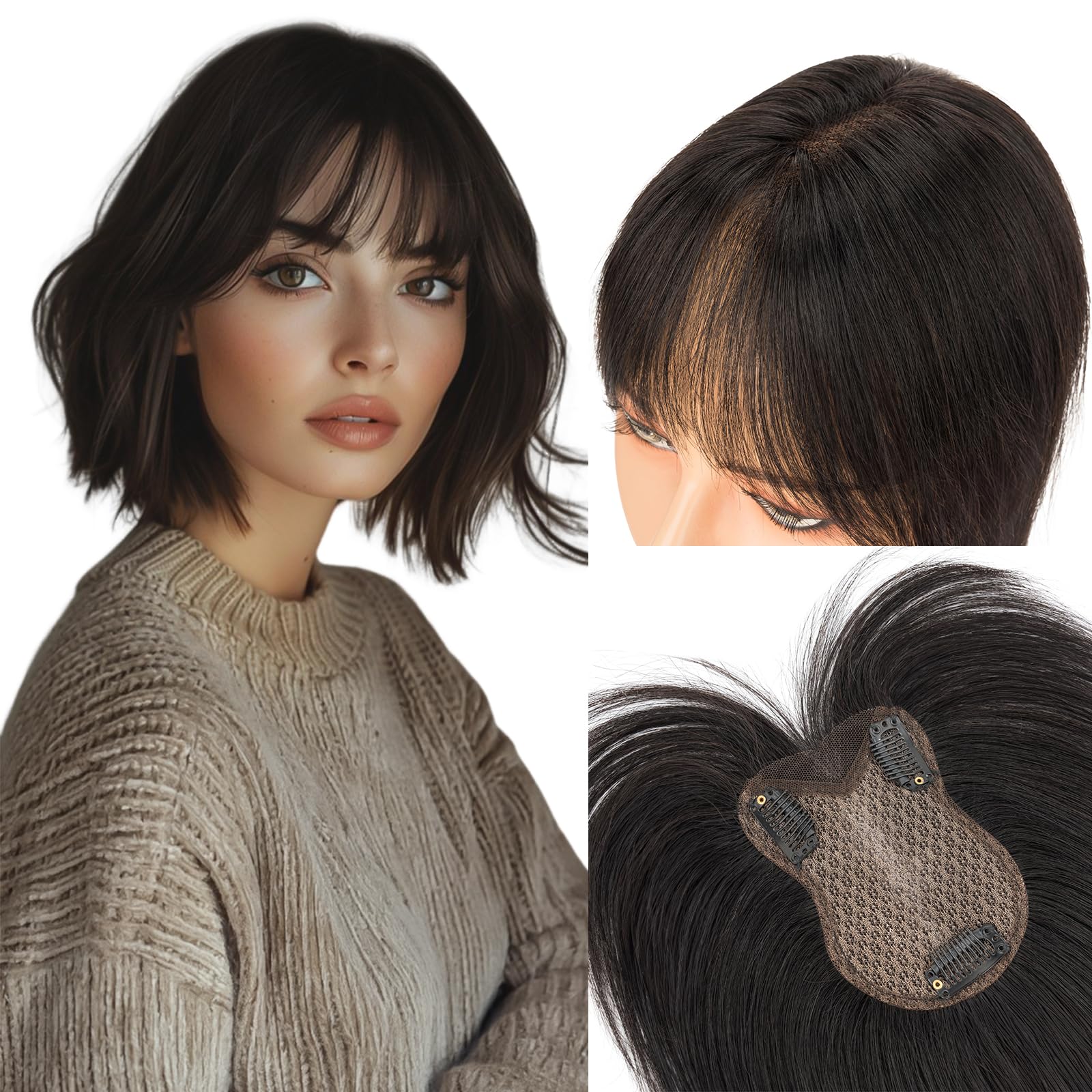 MY-LADY Human Hair Topper With Bangs 8x11cm Silk Base Hair Toppers For Thinning Hair Women Real Hair UK Hairpieces Clip in Extension #1B Natural Black