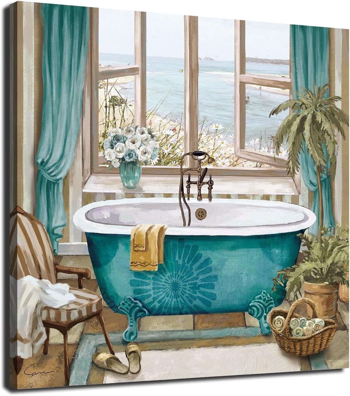 LAIART Bathroom Canvas Print Wall Art Decor Teal Bathtub Picture Sea ​​View from The Window Artwork