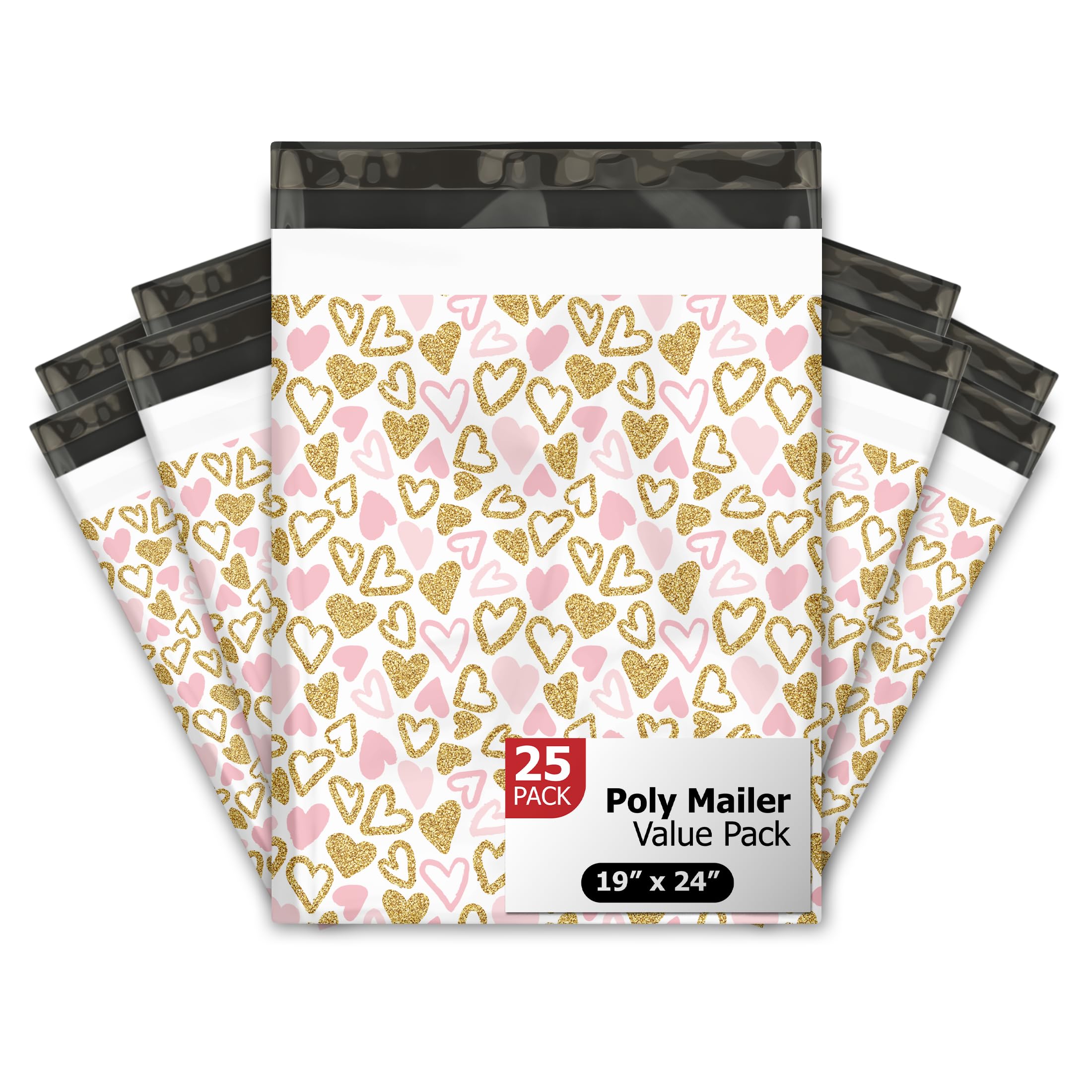 19x24 (25) Pink Hearts Designer Poly Mailers Waterproof Self Sealing Tear Resistant Polymailers Large Shipping Envelopes Premium Printed Bags For