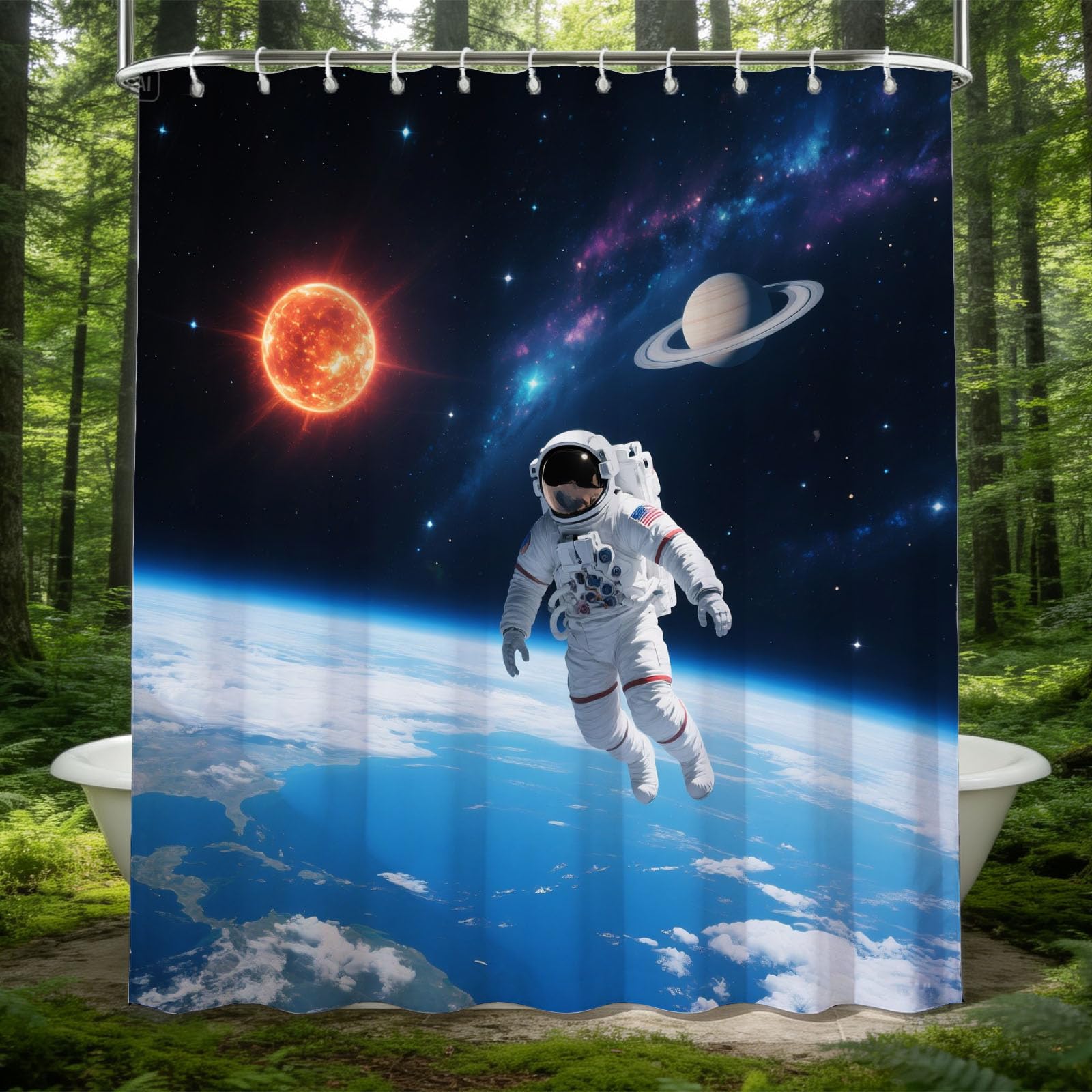 Hongduo 3D Space Astronaut Shower Curtain for Stalls Bathtubs Earth Bathroom Decor Shower Curtain Set Polyester Fabric Waterproof 200x200cm/79X79 Inch with Hooks