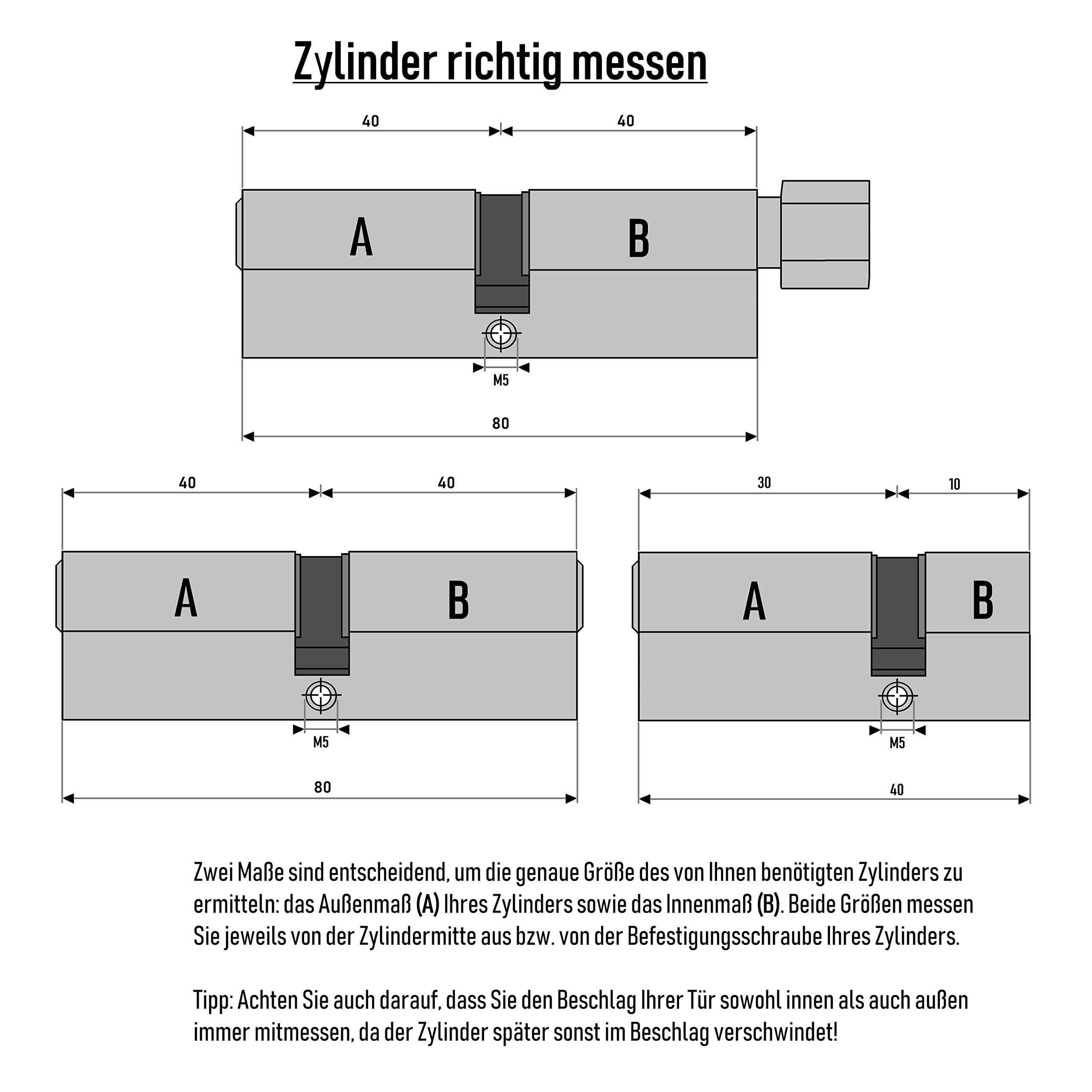 Set6 6x Zylinderschloss Gleichschließend Verschiedene Größen 1x70mm 1x80mm 1x100mm/1x70mm 2x90mm mit Knauf inkl. 10x Schlüssel (mit Not- und Gefahrenfunktion)