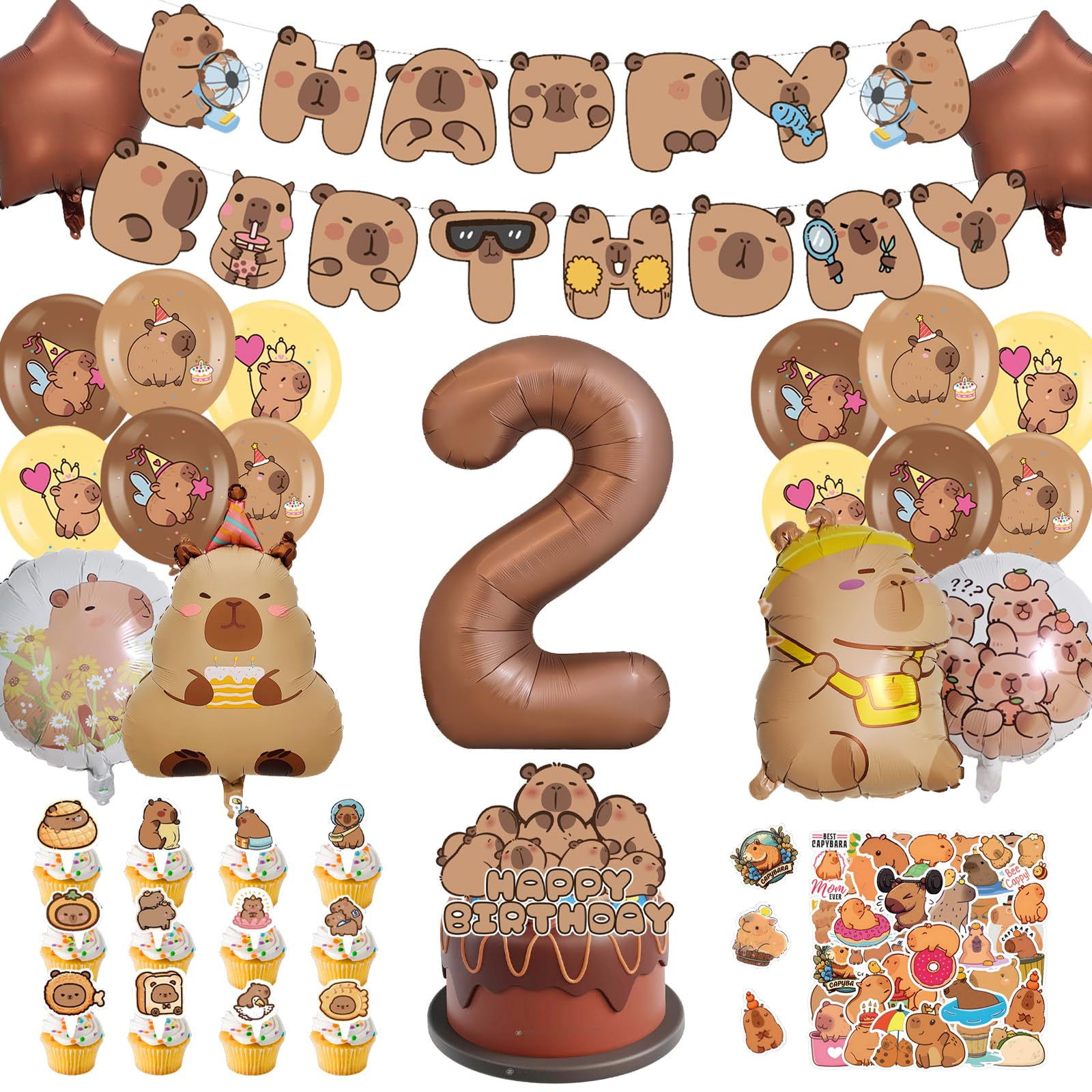 AUNGKWANG Capybara Birthday Decoration 1-12 Years Boy Girl 99 Pieces Capybara Decoration Birthday Set with Balloons Banner Cake Decoration and Stickers for Children's Birthday Party Decoration