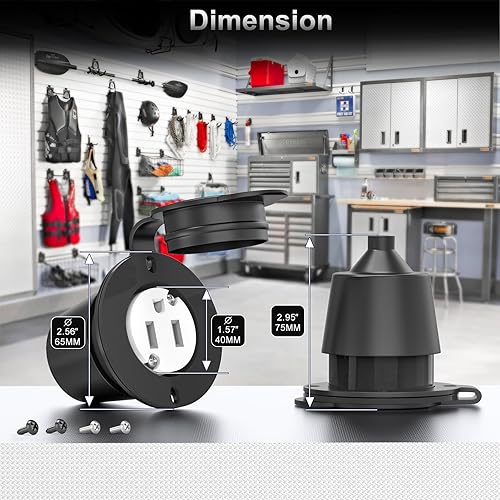 Miniatura 12 de Toma de corriente con brida NEMA 5-15R - 110 V120 V, 15 amperios, receptáculo de enchufe hembra redondo individual, resistente a la intemperie,