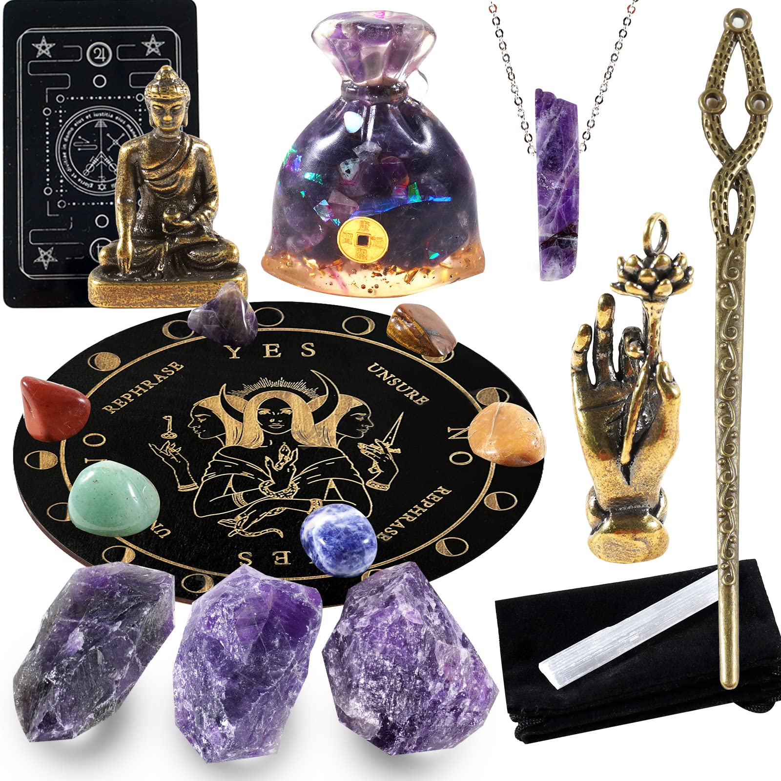 Soulnioi 19pcs Chakra Healing Crystal Meditaion Set: Amethyst Raw Stones, Buddha and Hand Lotus Ornament, Citrine Money Bag