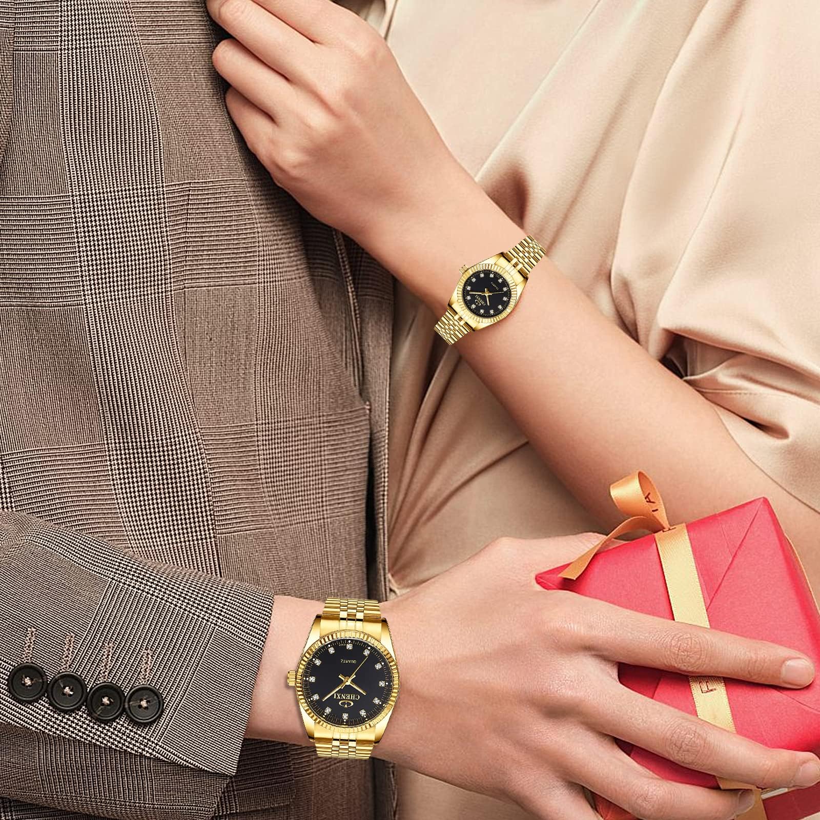 MASTOP Reloj clásico de acero inoxidable dorado para parejas para él y para ella reloj de cuarzo impermeable, Negro dorado, Reloj de cuarzo