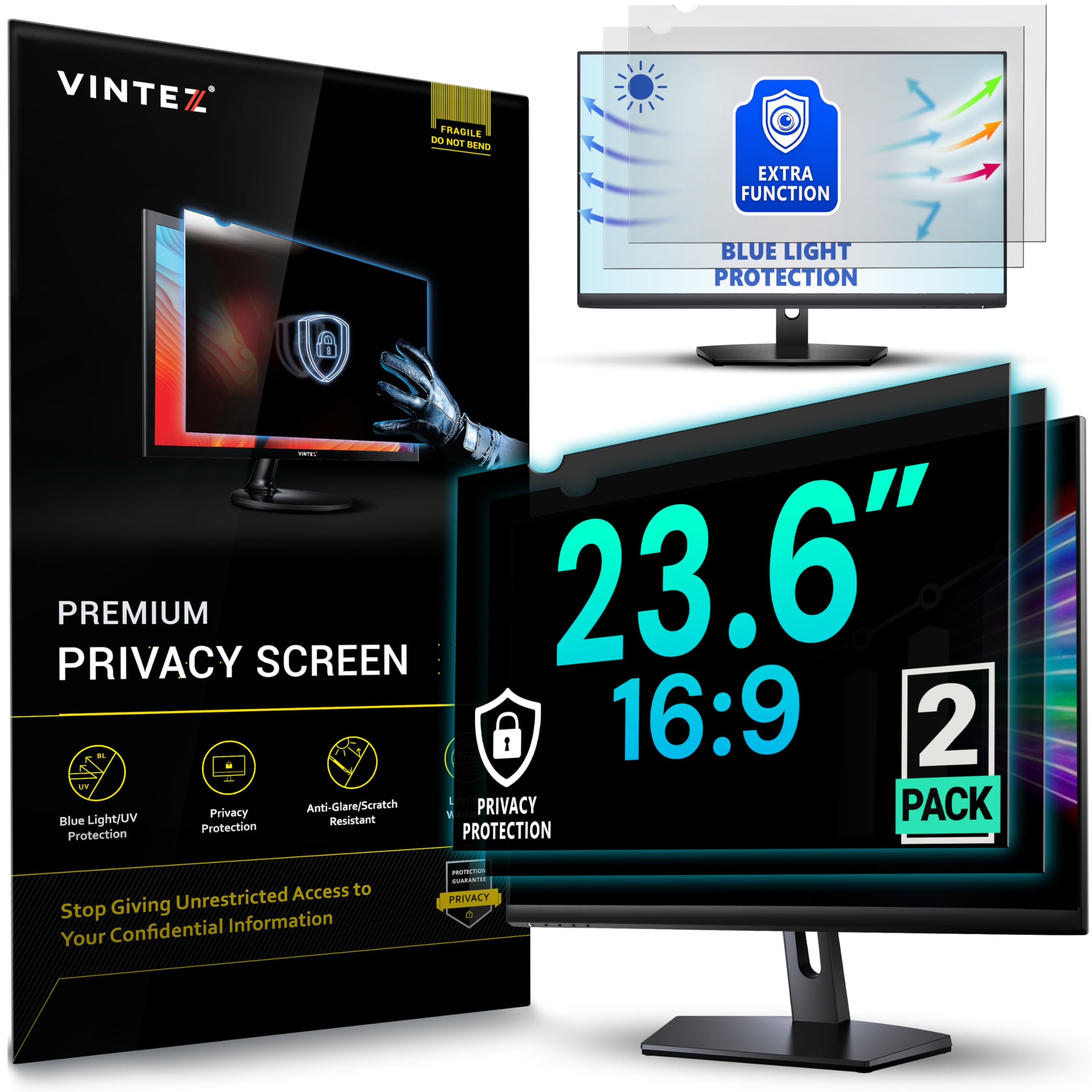 VINTEZ [2 Pack] 23.6 Inch 16:9 Privacy Screen for Computer Monitor and Laptop - Anti Glare Protector Film Blue Light Filter Eye Protection - Computer Screen Privacy Shield